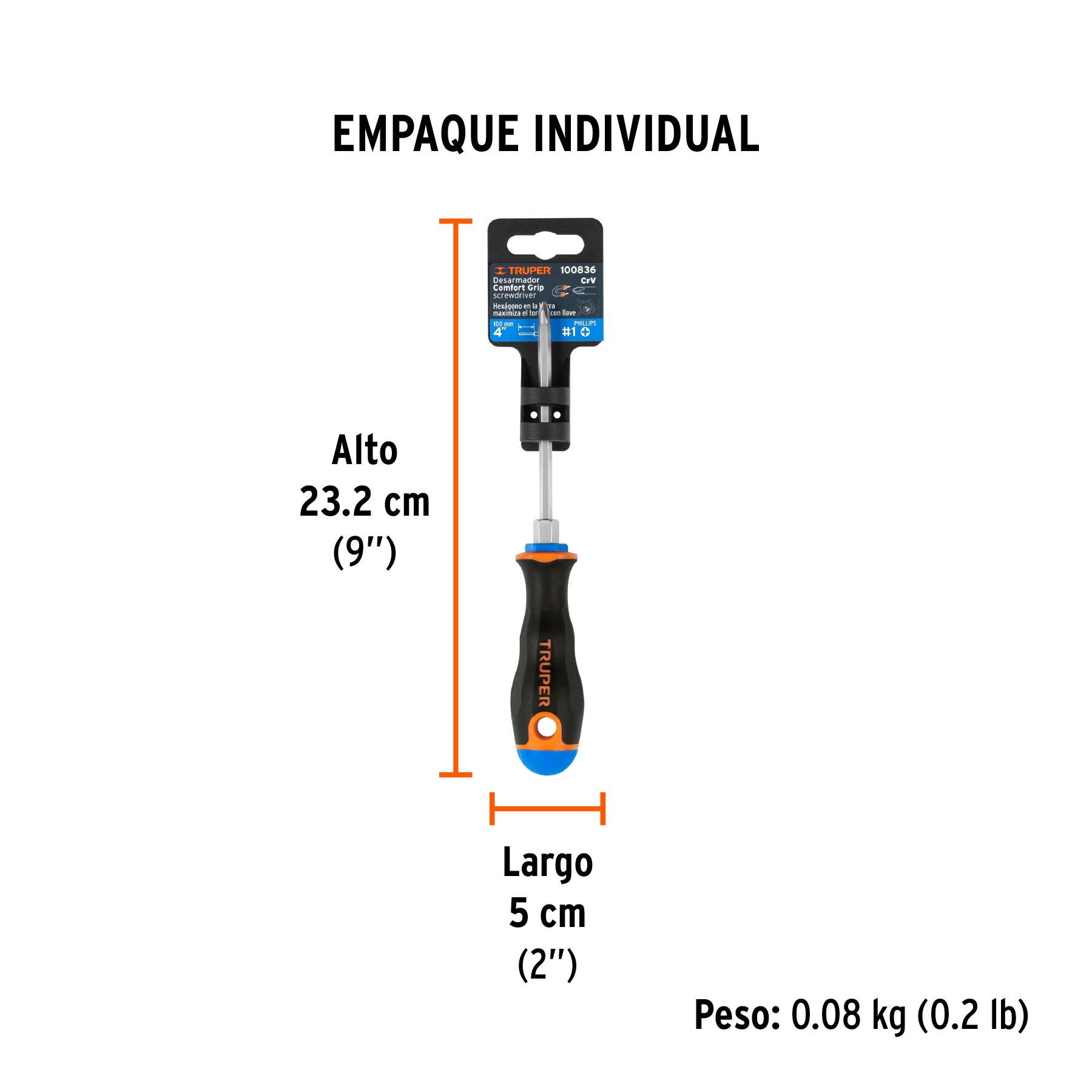 Desarmador de cruz 3/16" x 4" mango Comfort Grip, TRUPER - Empaque