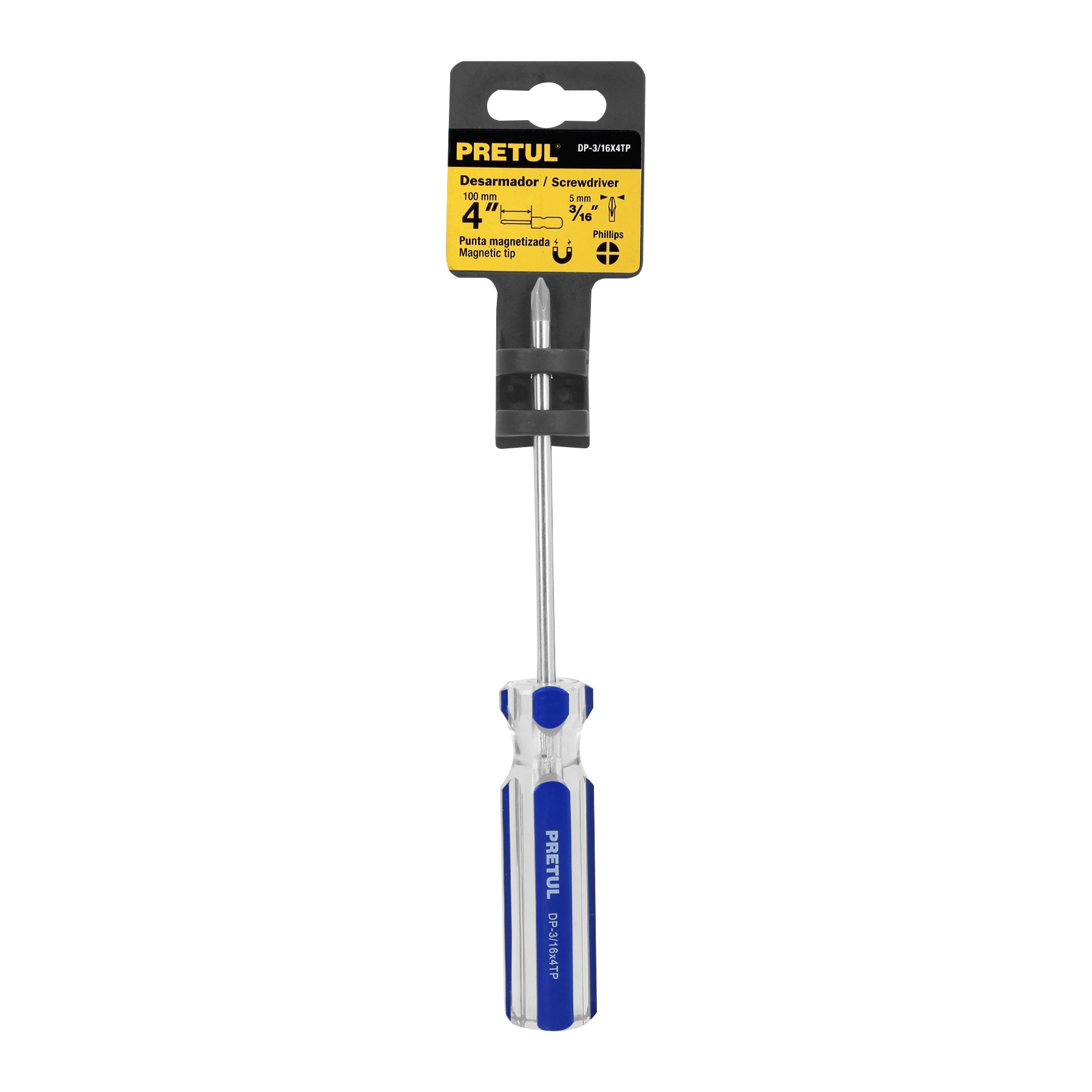 Desarmador de cruz 3/16 x 4" mango de PVC, PRETUL
