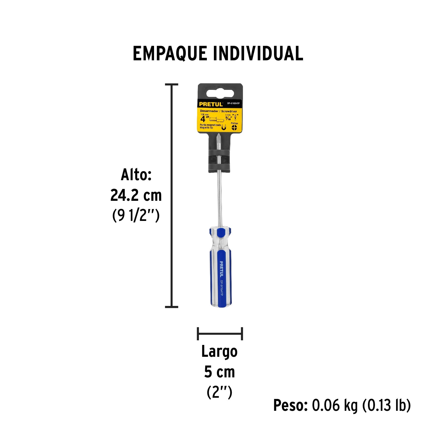 Desarmador de cruz 3/16 x 4" mango de PVC, PRETUL - Empaque