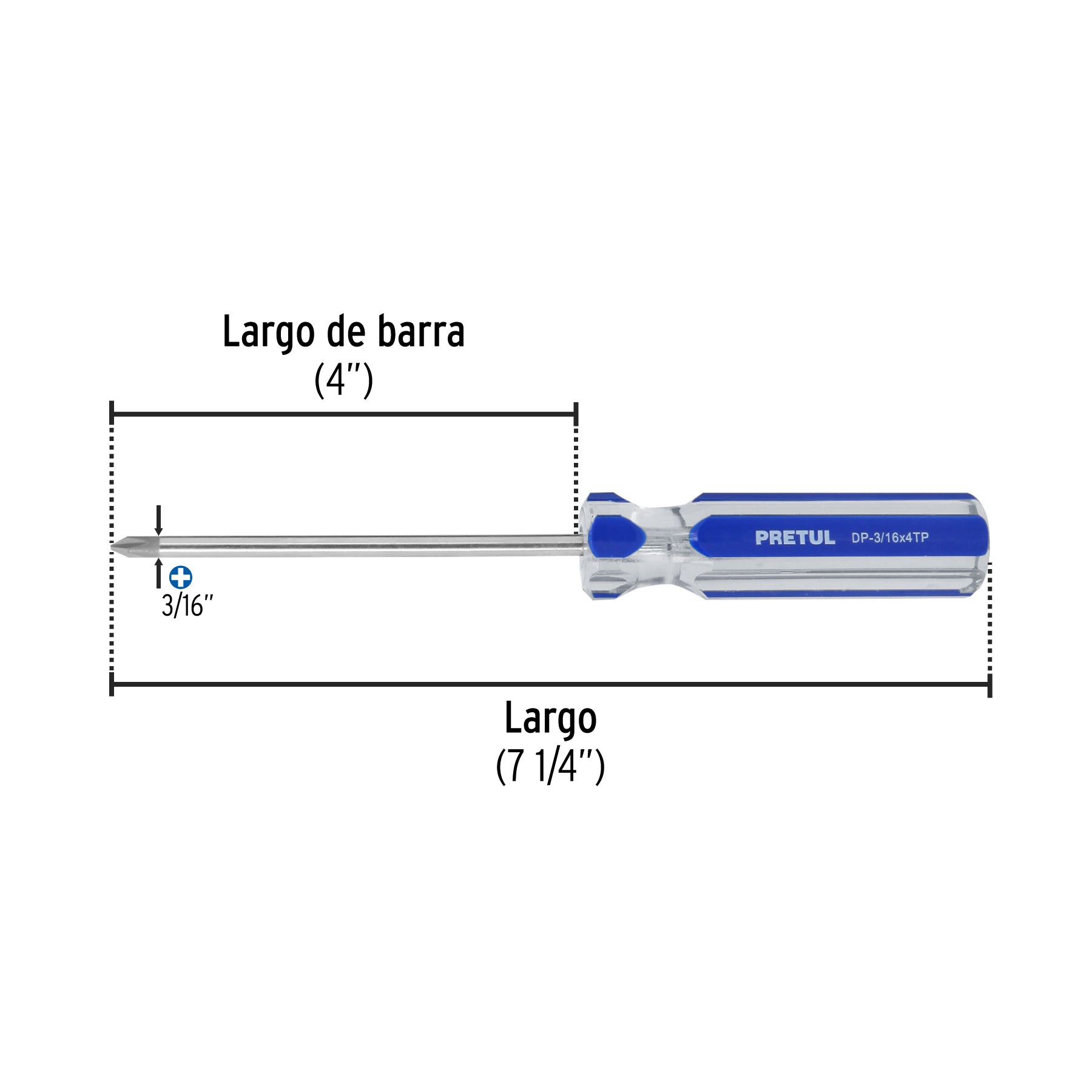 Desarmador de cruz 3/16 x 4" mango de PVC, PRETUL