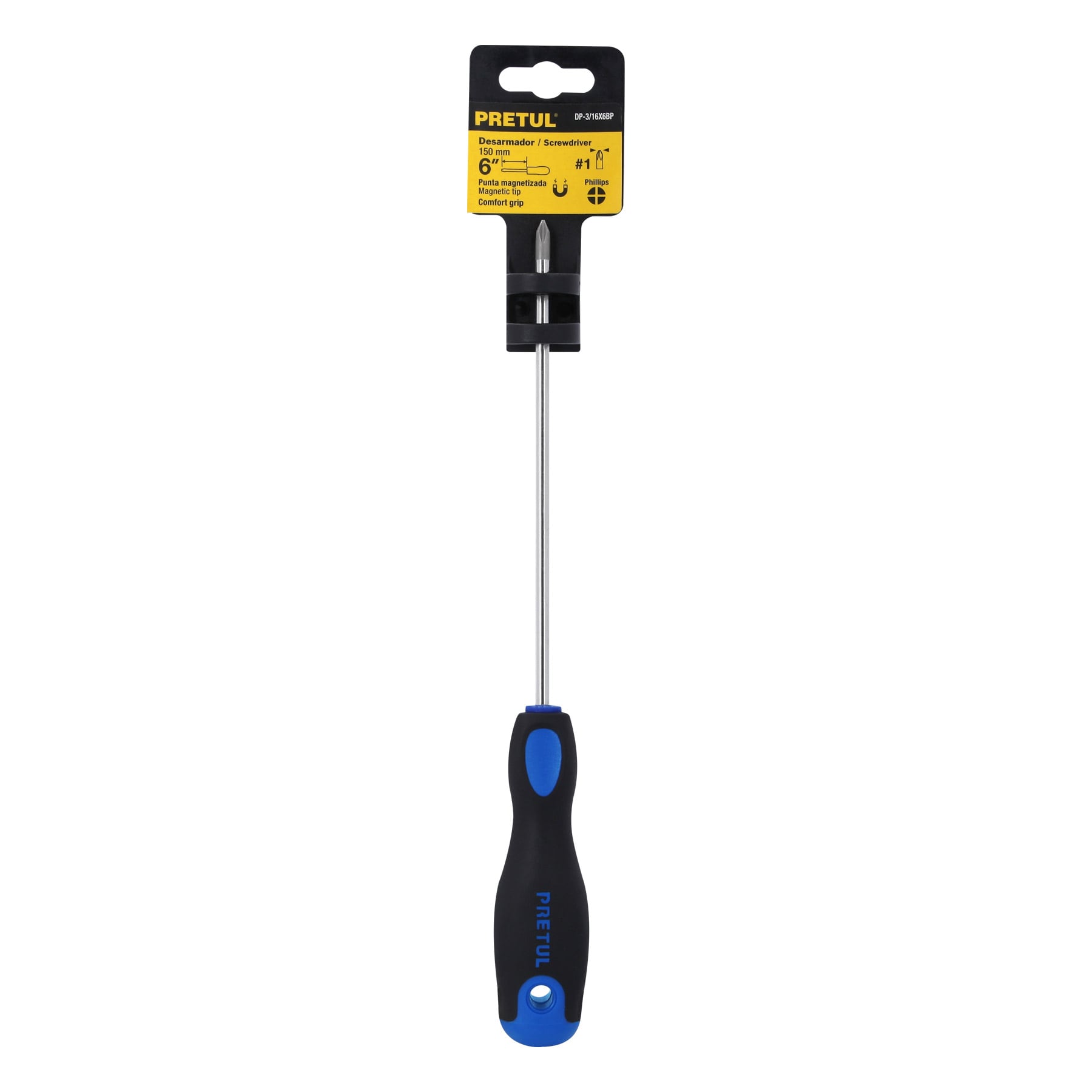 Desarmador de cruz 3/16" x 6" mango Comfort Grip, PRETUL