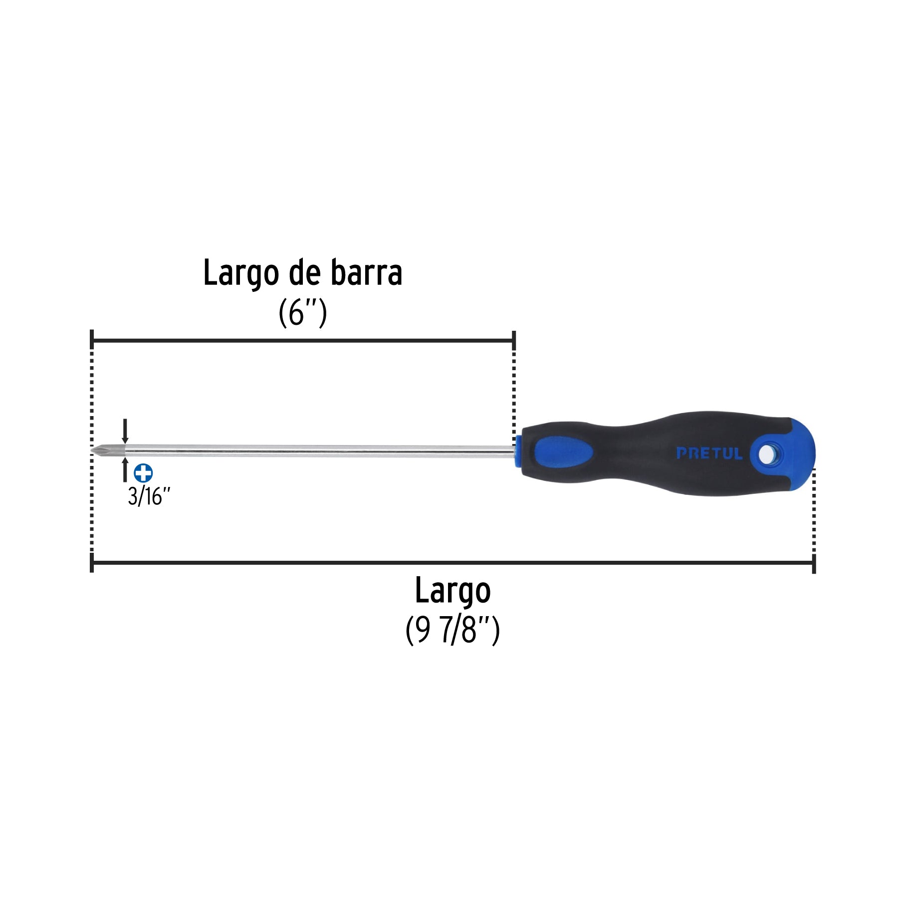 Desarmador de cruz 3/16" x 6" mango Comfort Grip, PRETUL
