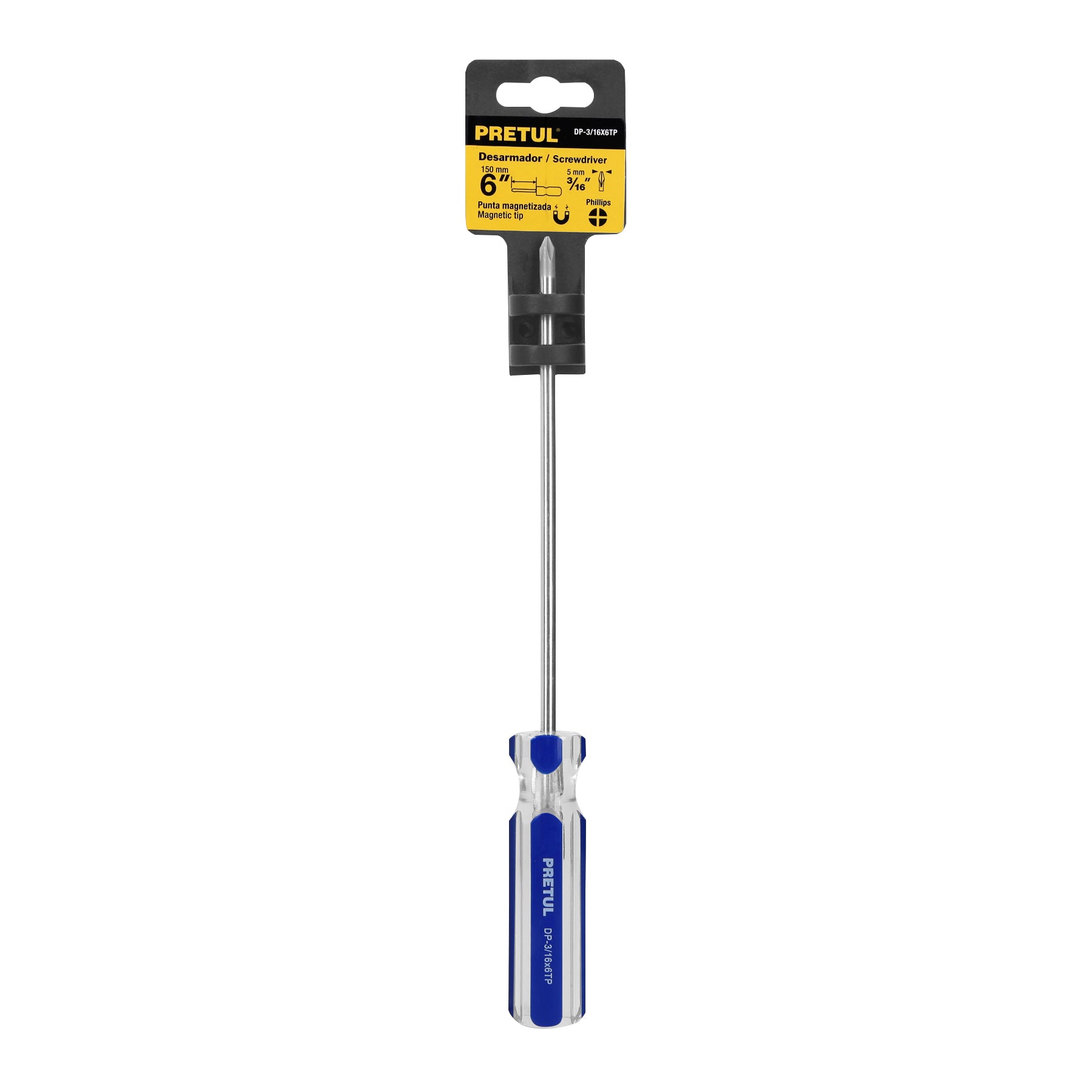Desarmador de cruz 3/16 x 6" mango de PVC, PRETUL