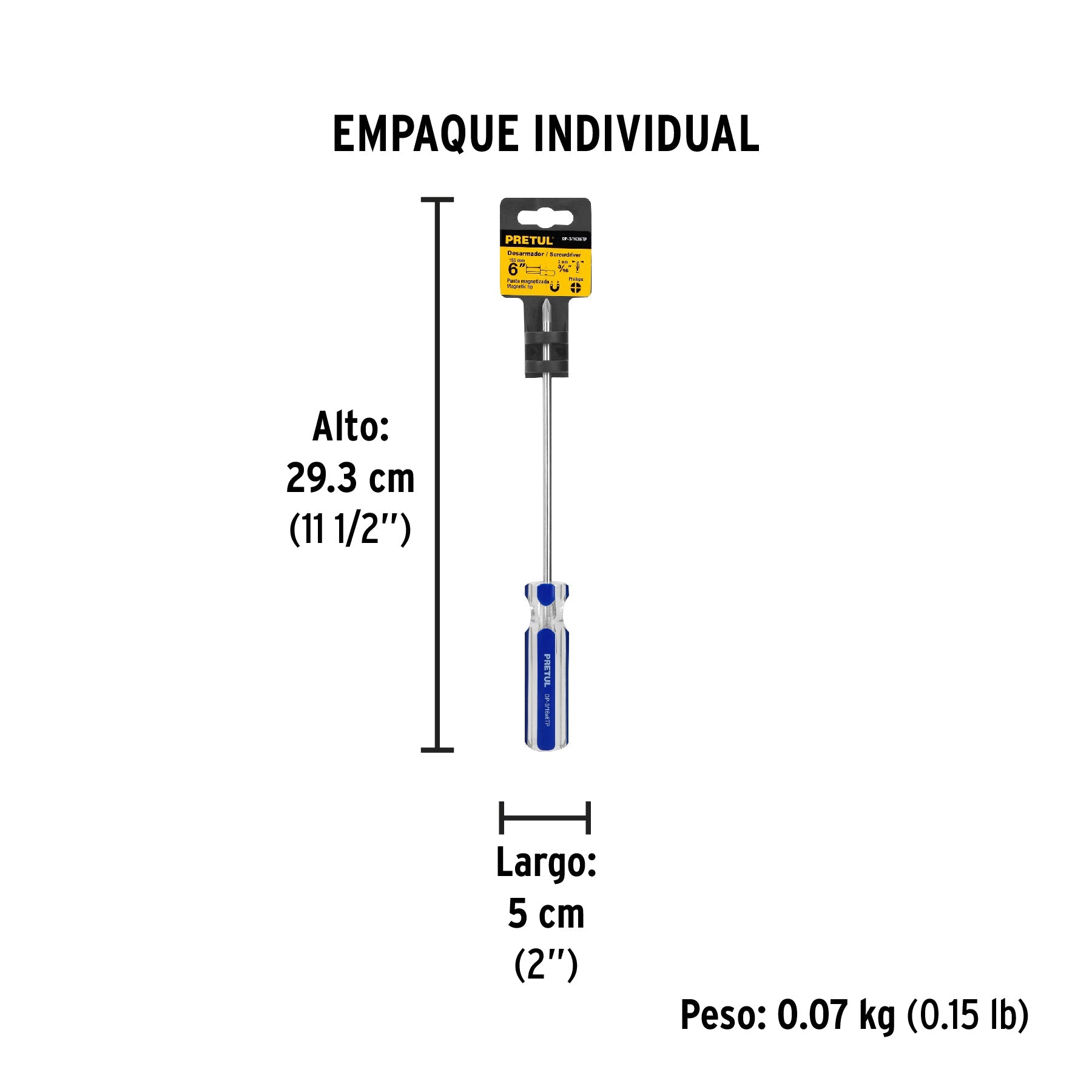 Desarmador de cruz 3/16 x 6" mango de PVC, PRETUL - Empaque
