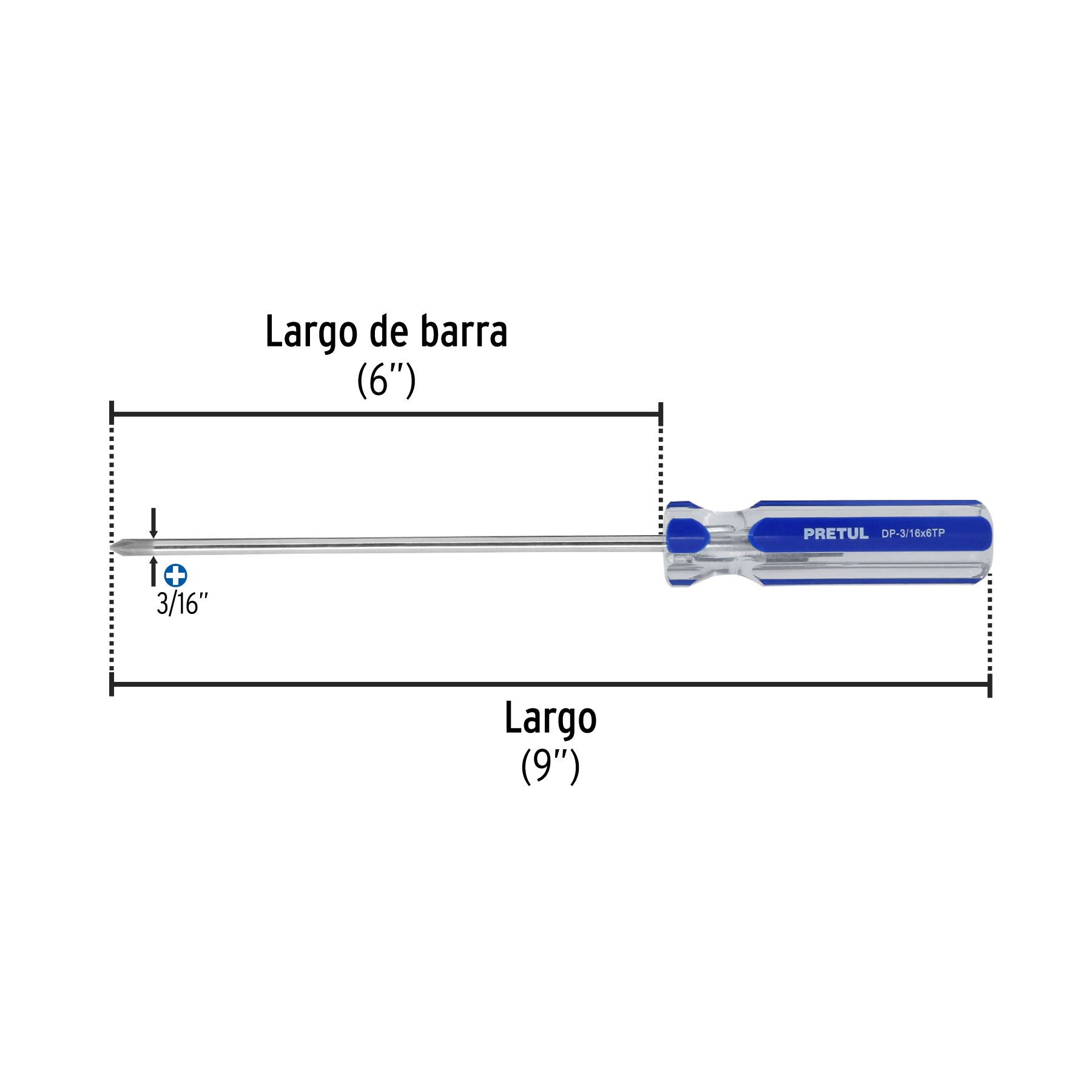 Desarmador de cruz 3/16 x 6" mango de PVC, PRETUL