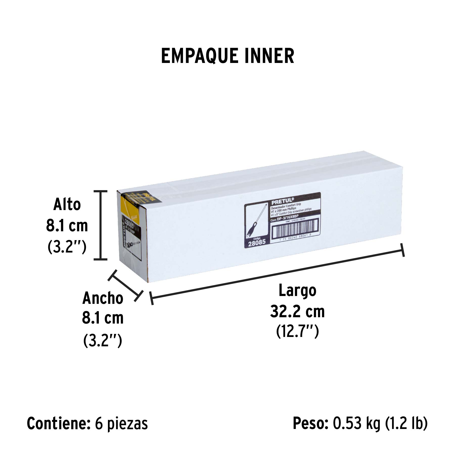 Desarmador de cruz 3/16" x 8" mango Comfort Grip, PRETUL - Empaque
