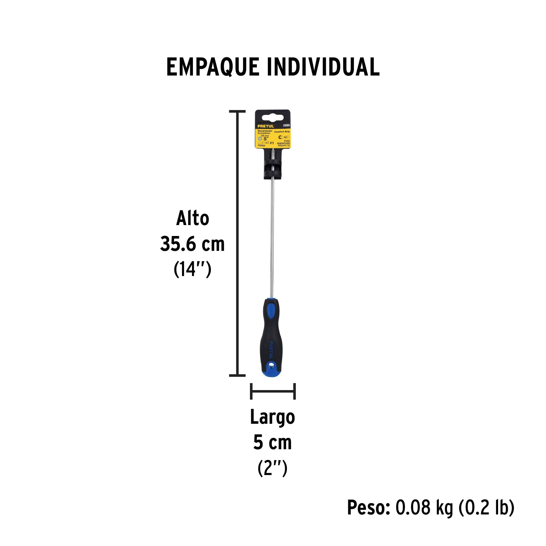 Desarmador de cruz 3/16" x 8" mango Comfort Grip, PRETUL - Empaque