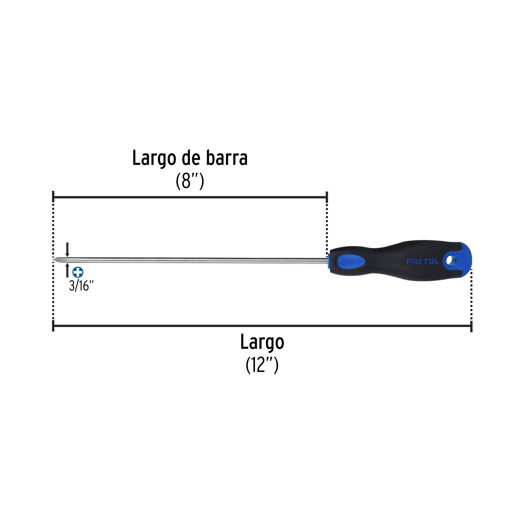 Desarmador de cruz 3/16" x 8" mango Comfort Grip, PRETUL