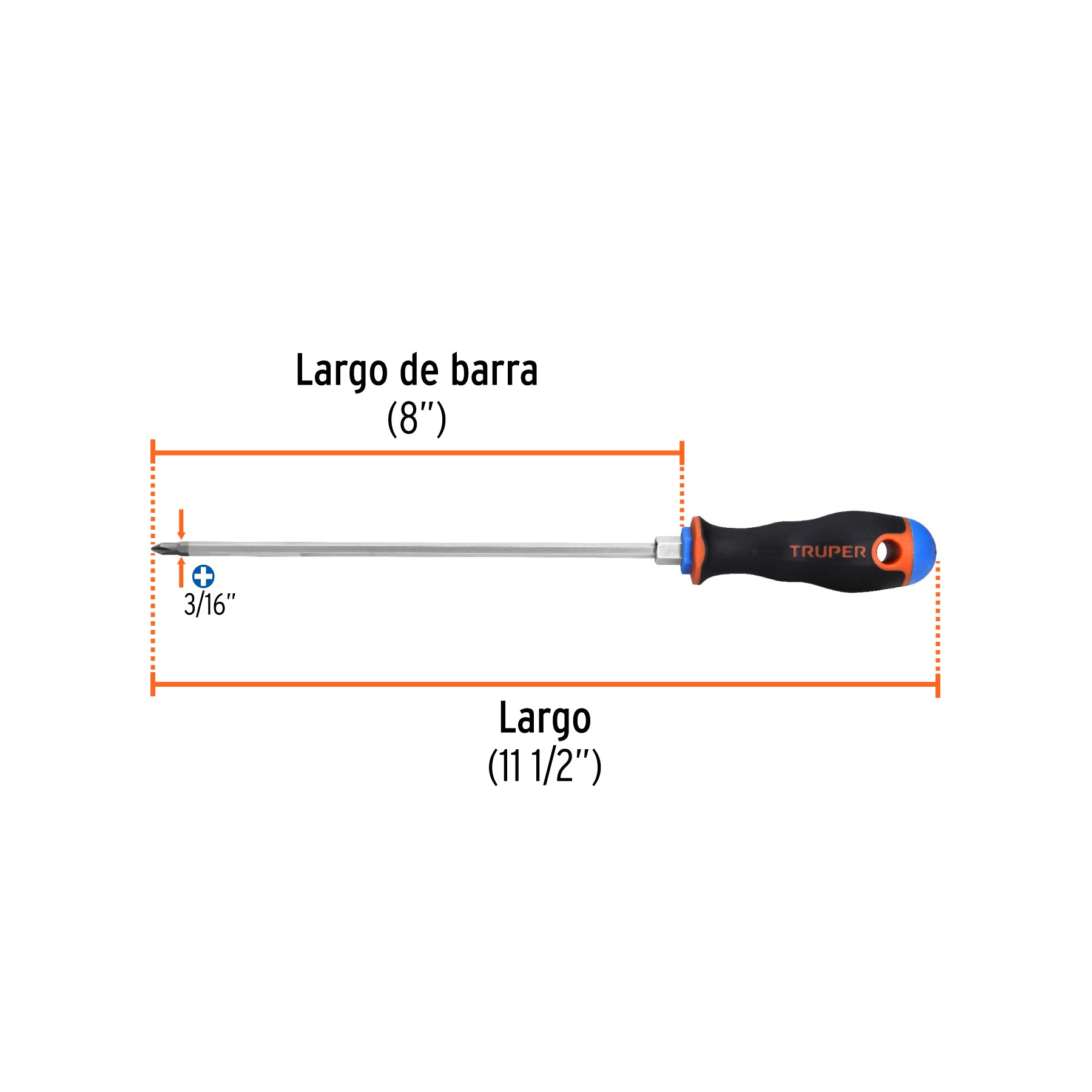 Desarmador de cruz 3/16" x 8" mango Comfort Grip, TRUPER