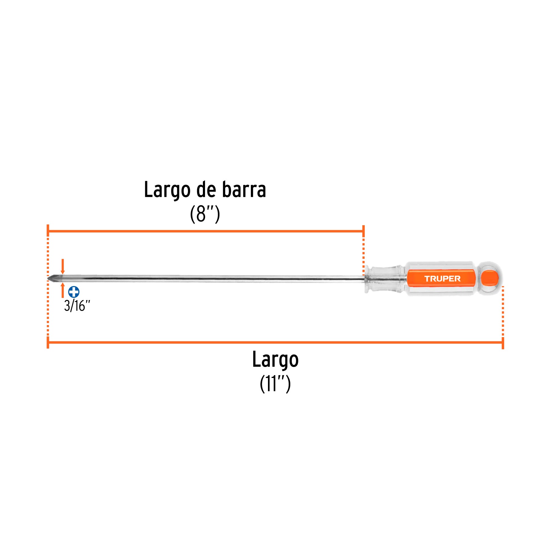 Desarmador de cruz 3/16" x 8" mango de acetato, TRUPER