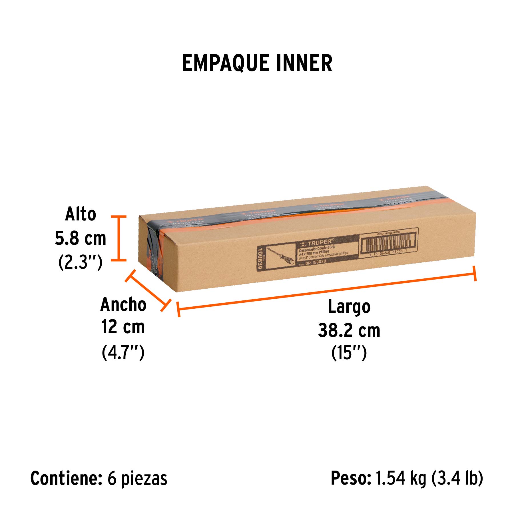 Desarmador de cruz 3/8" x 8" mango Comfort Grip, TRUPER - Empaque