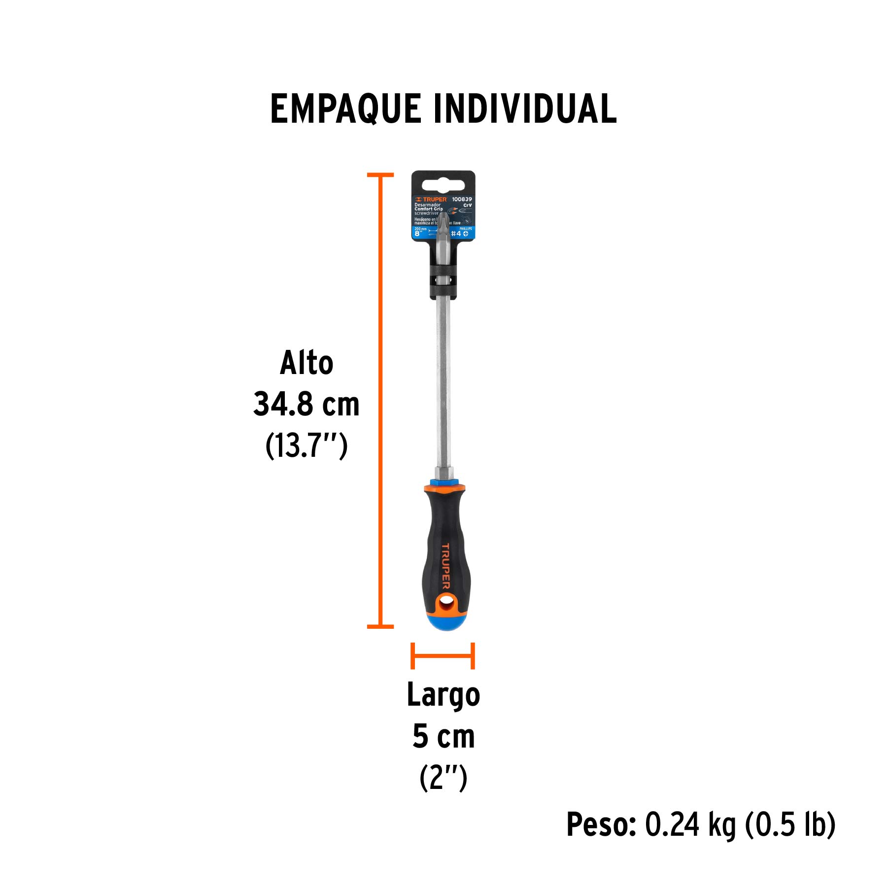 Desarmador de cruz 3/8" x 8" mango Comfort Grip, TRUPER - Empaque