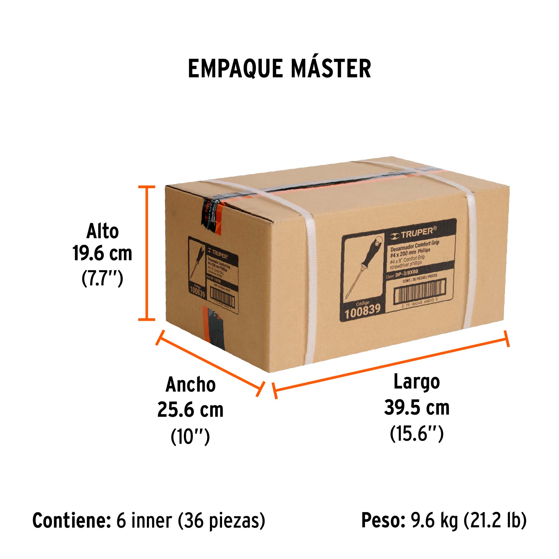 Desarmador de cruz 3/8" x 8" mango Comfort Grip, TRUPER - Empaque