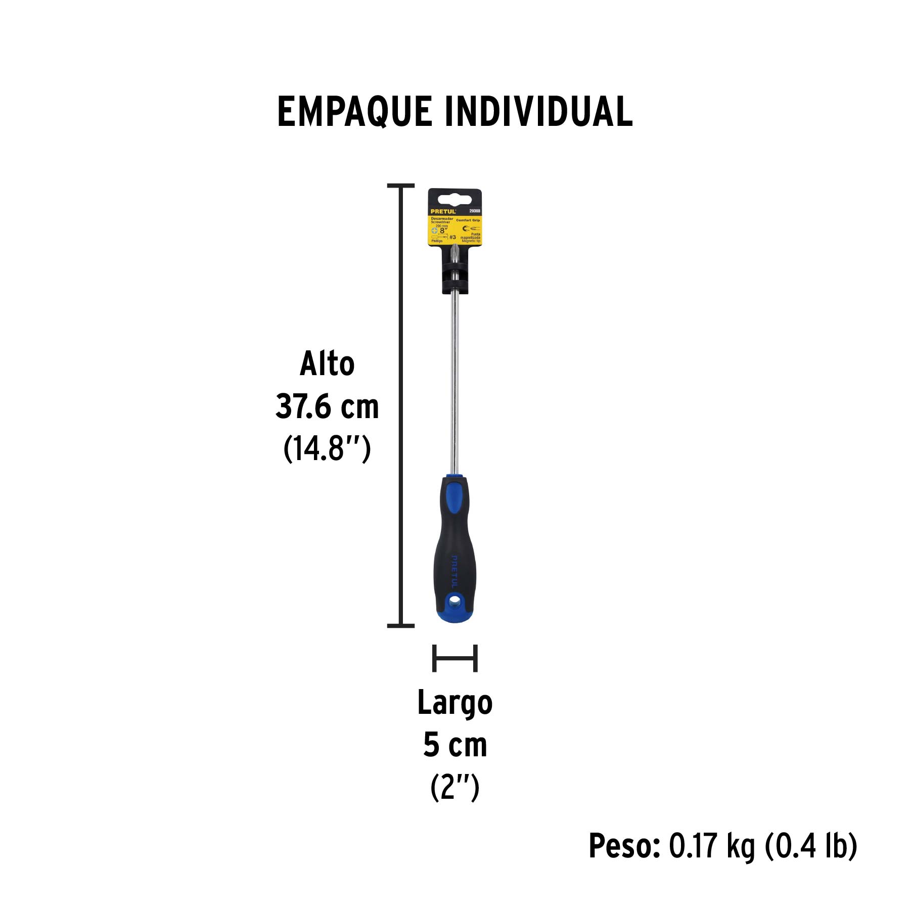 Desarmador de cruz 5/16" x 8" mango Comfort Grip, PRETUL - Empaque