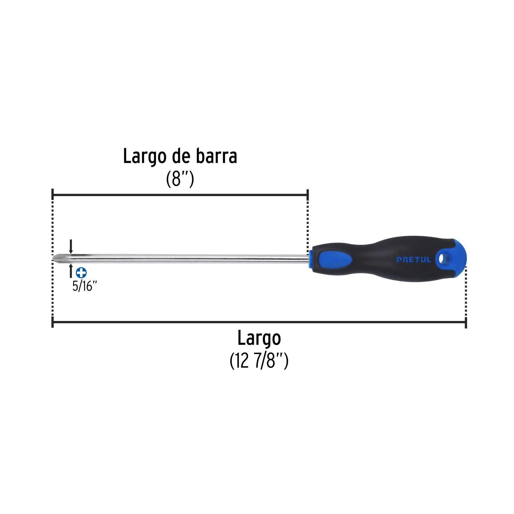 Desarmador de cruz 5/16" x 8" mango Comfort Grip, PRETUL