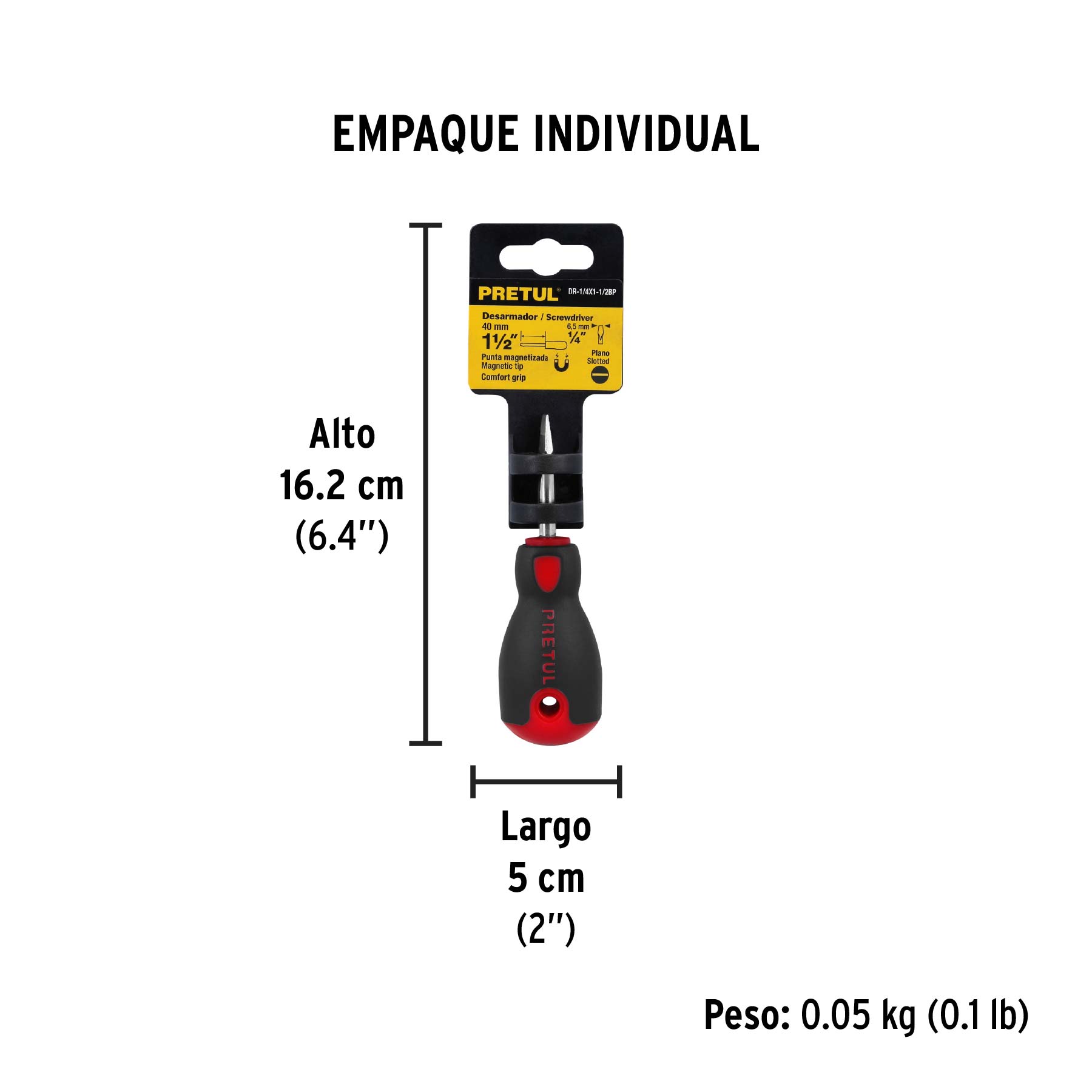Desarmador plano 1/4" x 1-1/2"mango Comfort Grip, PRETUL - Empaque
