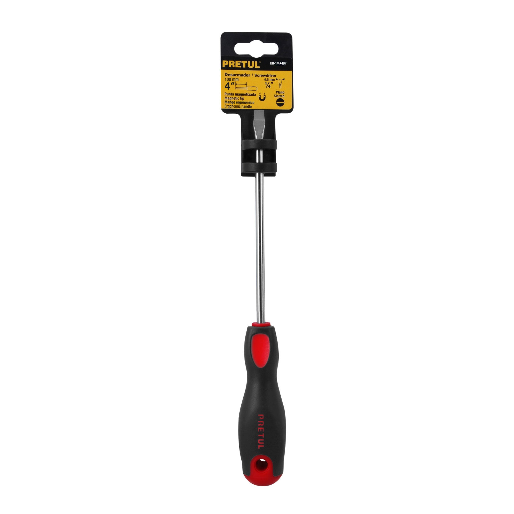 Desarmador plano 1/4" x 4"mango Comfort Grip, PRETUL