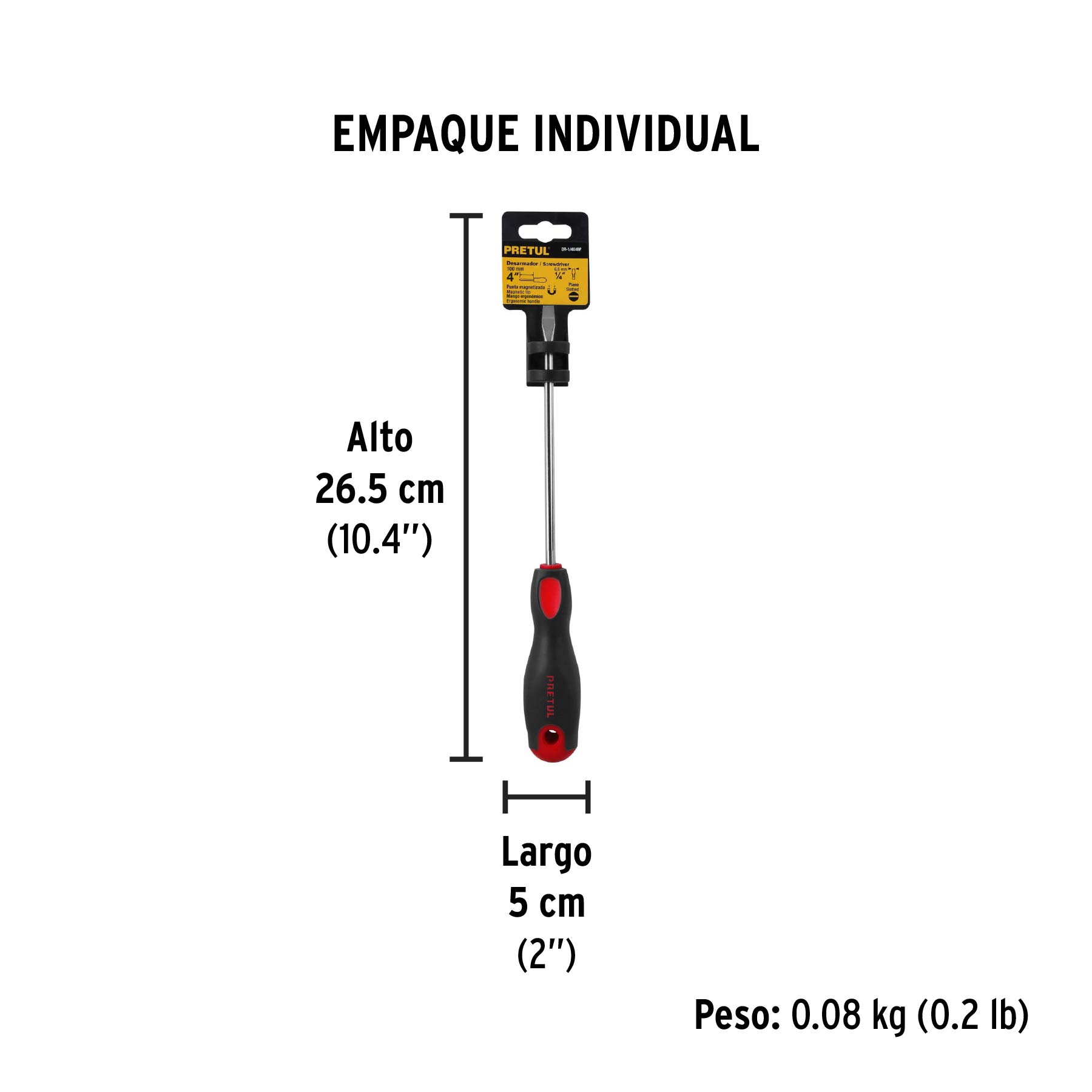 Desarmador plano 1/4" x 4"mango Comfort Grip, PRETUL - Empaque