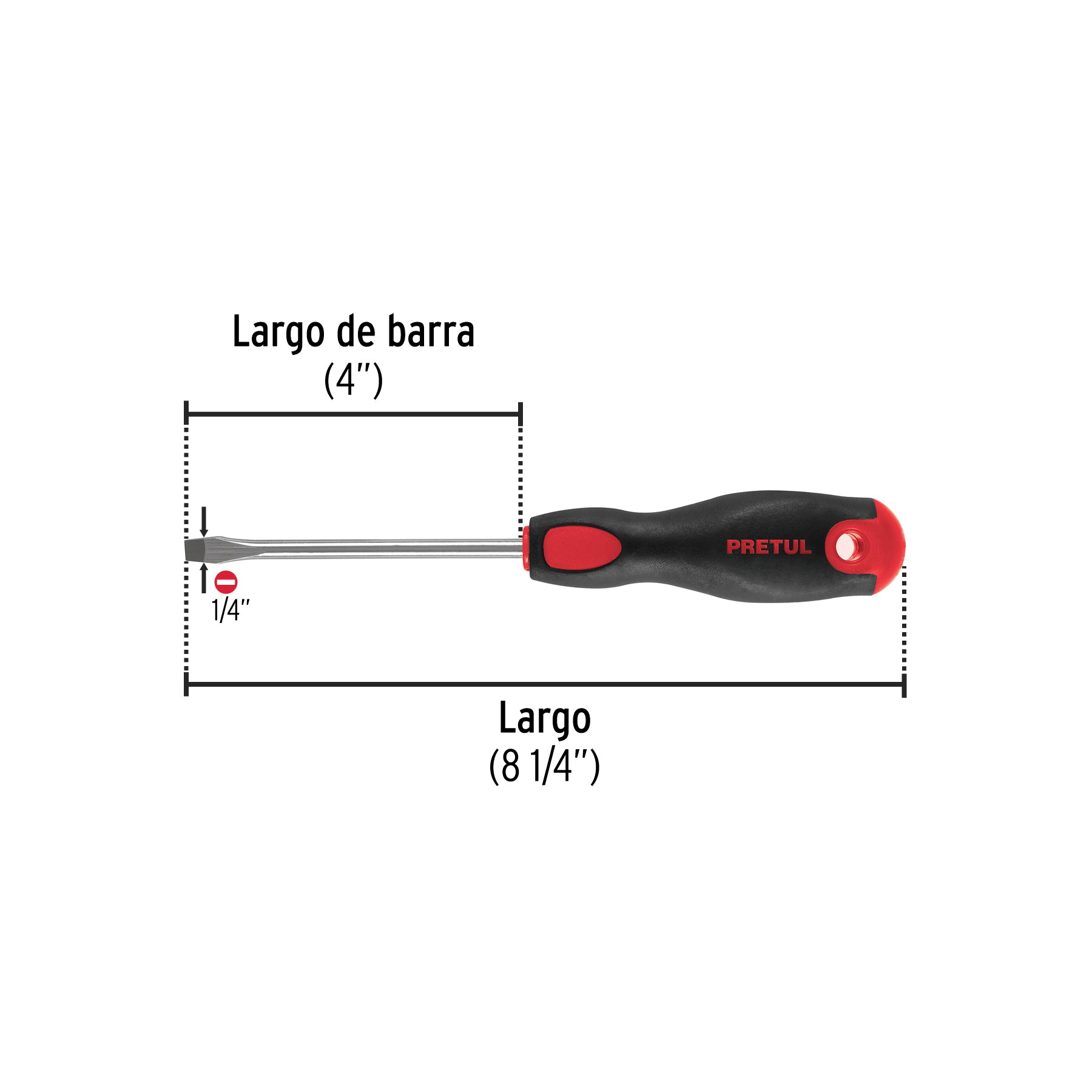 Desarmador plano 1/4" x 4"mango Comfort Grip, PRETUL