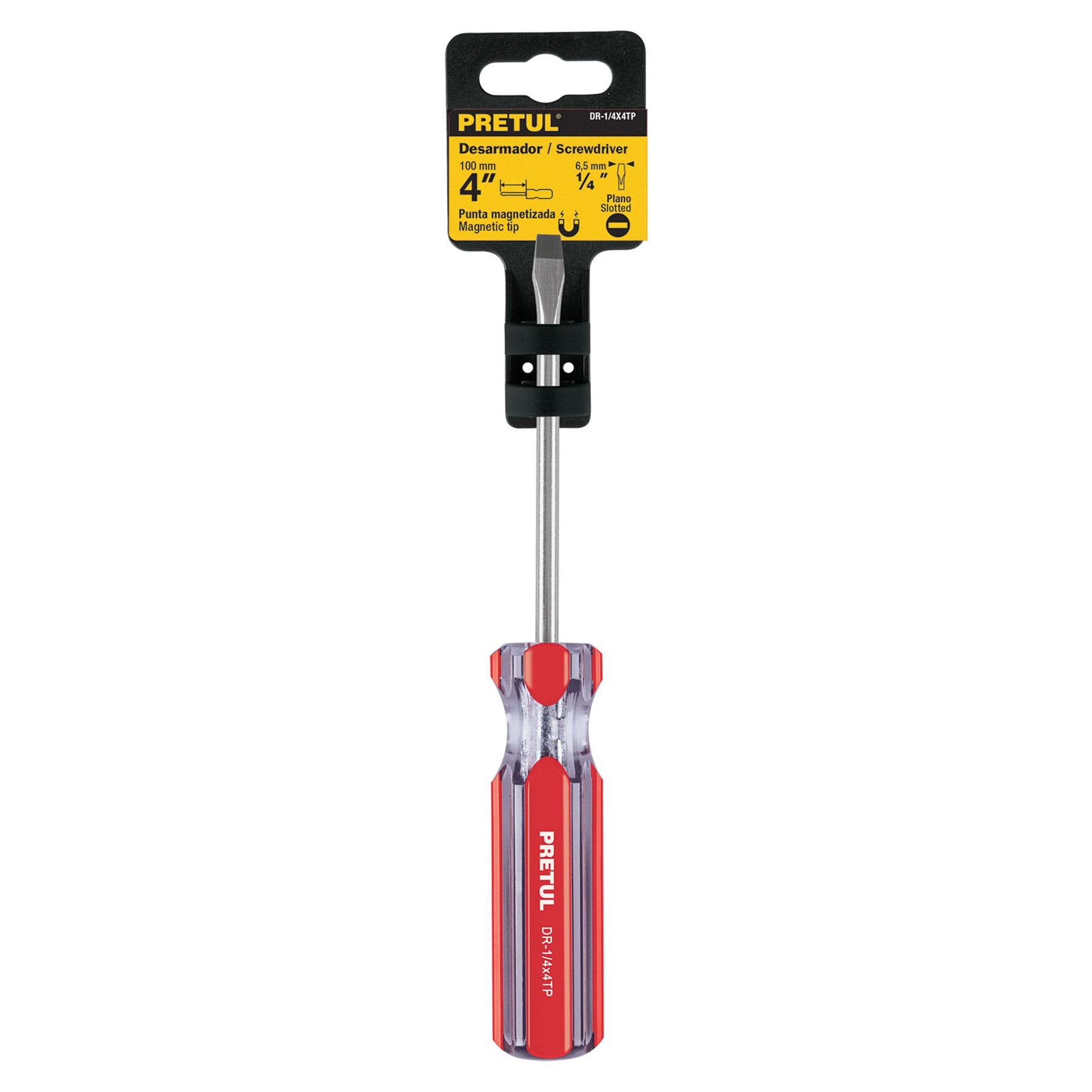 Desarmador plano 1/4 x 4" mango de PVC, PRETUL