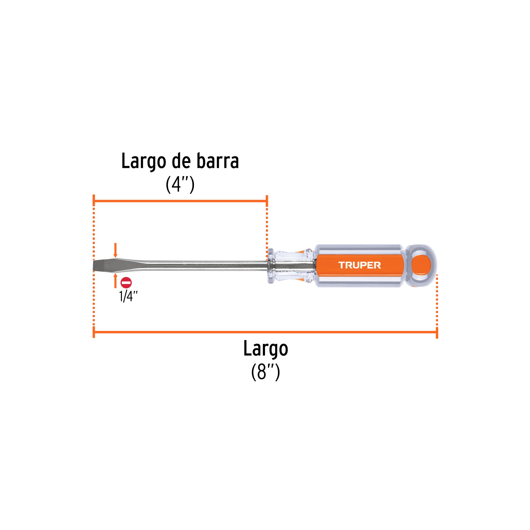 Desarmador plano 1/4" x 4" mango de acetato, TRUPER