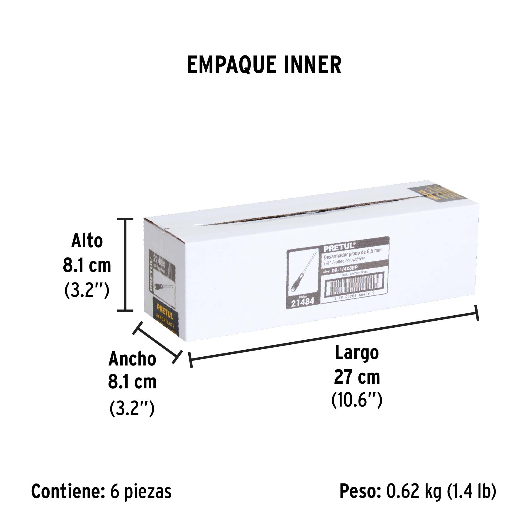 Desarmador plano 1/4" x 6"mango Comfort Grip, PRETUL - Empaque