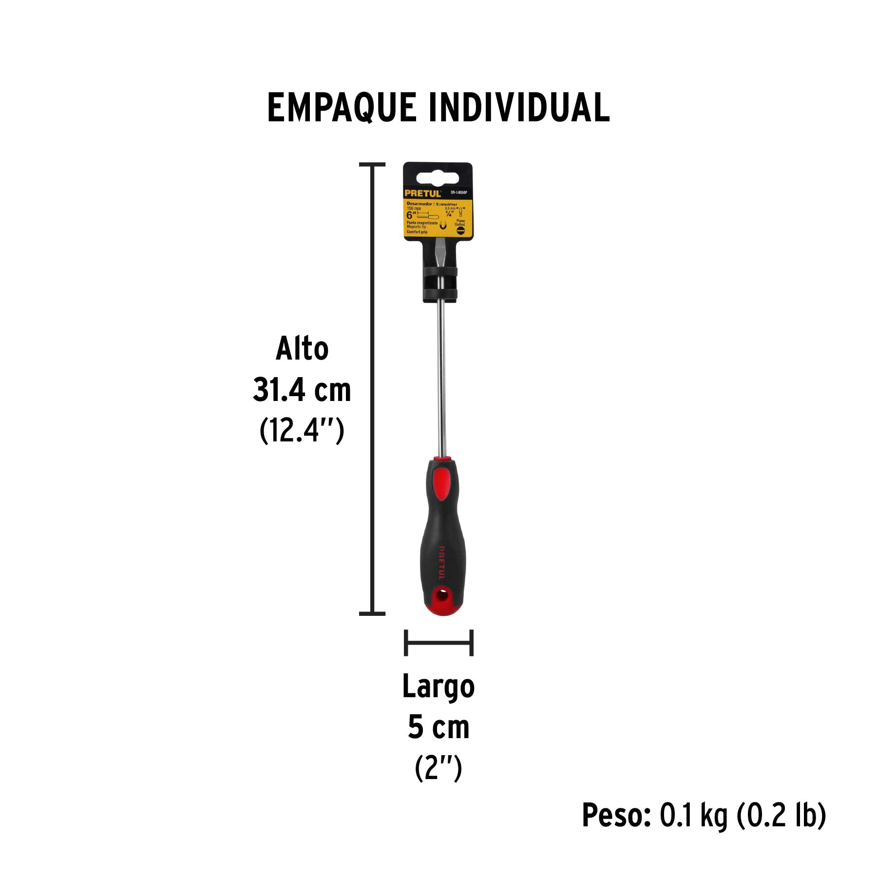 Desarmador plano 1/4" x 6"mango Comfort Grip, PRETUL - Empaque
