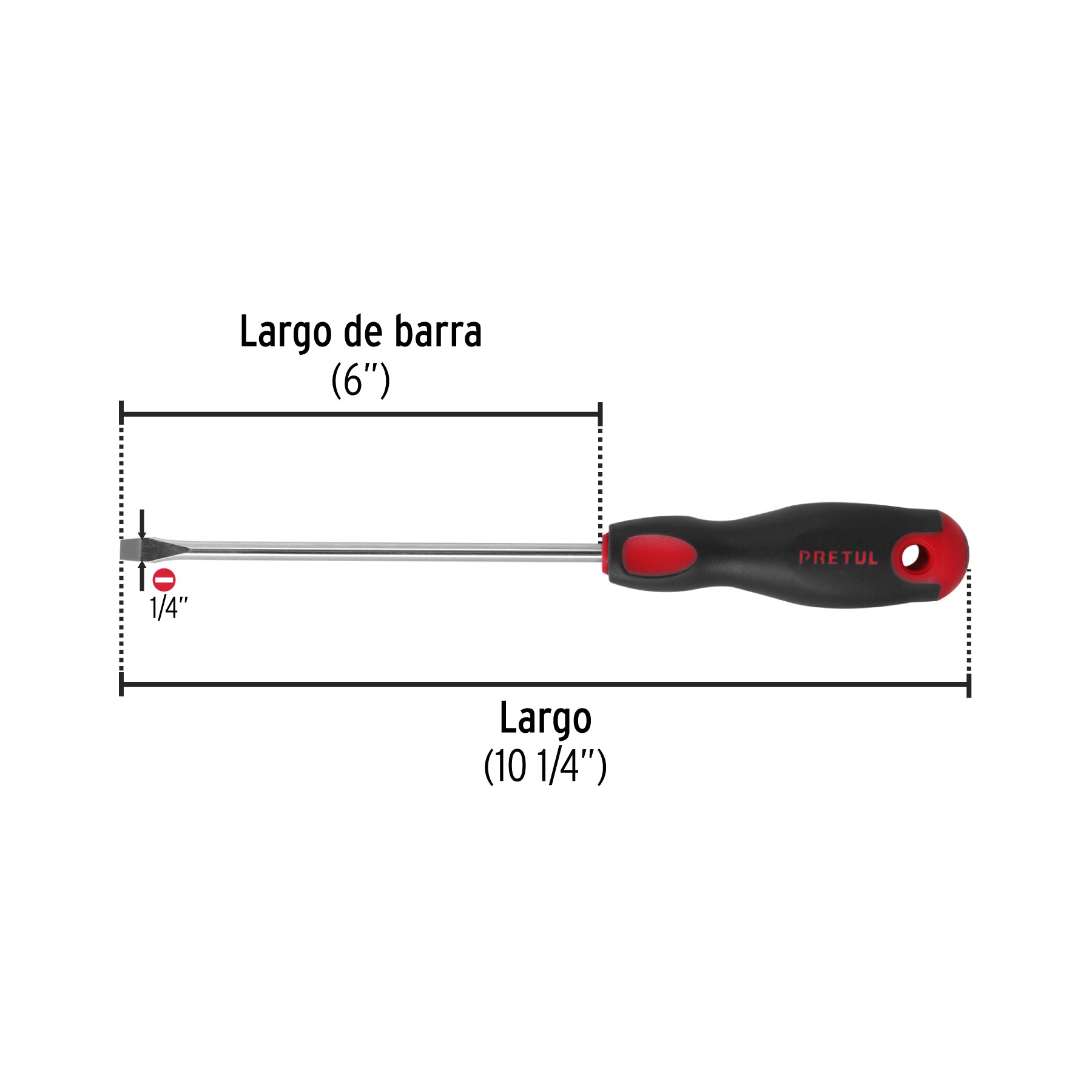 Desarmador plano 1/4" x 6"mango Comfort Grip, PRETUL