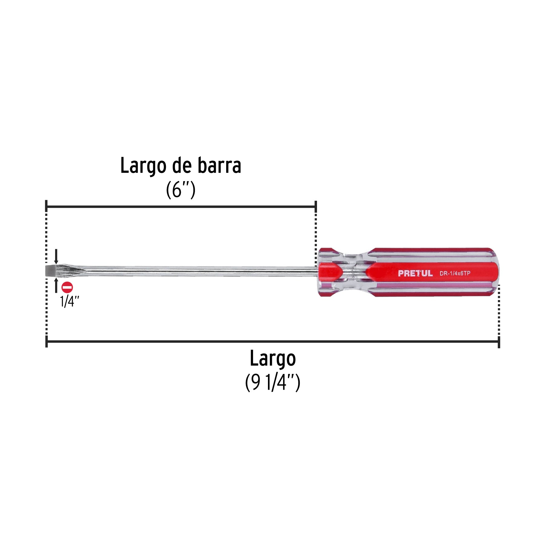 Desarmador plano 1/4 x 6" mango de PVC, PRETUL