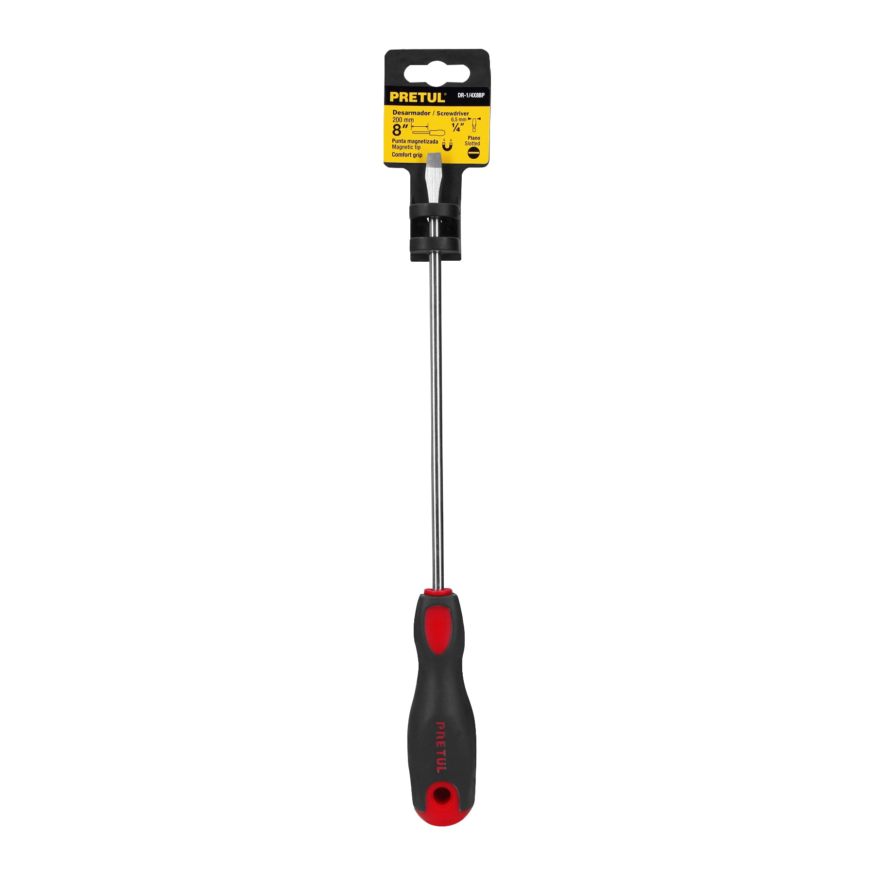 Desarmador plano 1/4" x 8"mango Comfort Grip, PRETUL