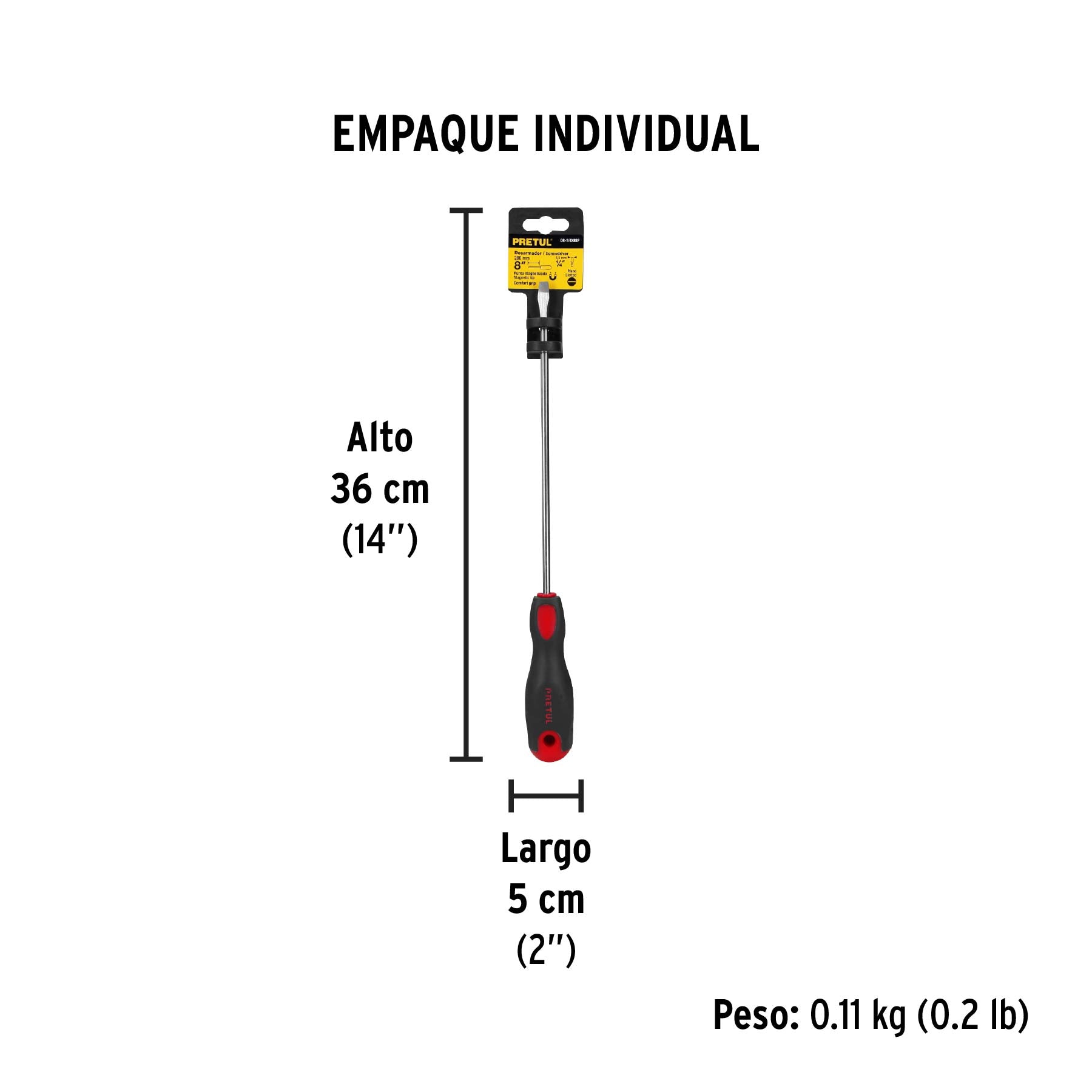 Desarmador plano 1/4" x 8"mango Comfort Grip, PRETUL - Empaque