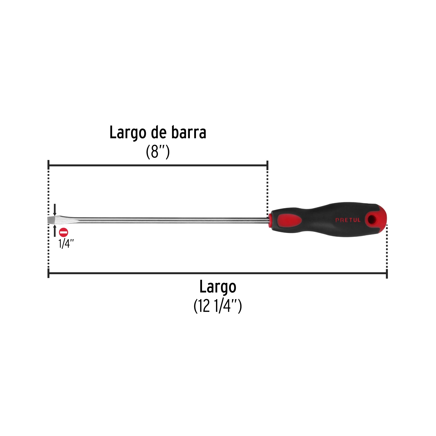 Desarmador plano 1/4" x 8"mango Comfort Grip, PRETUL