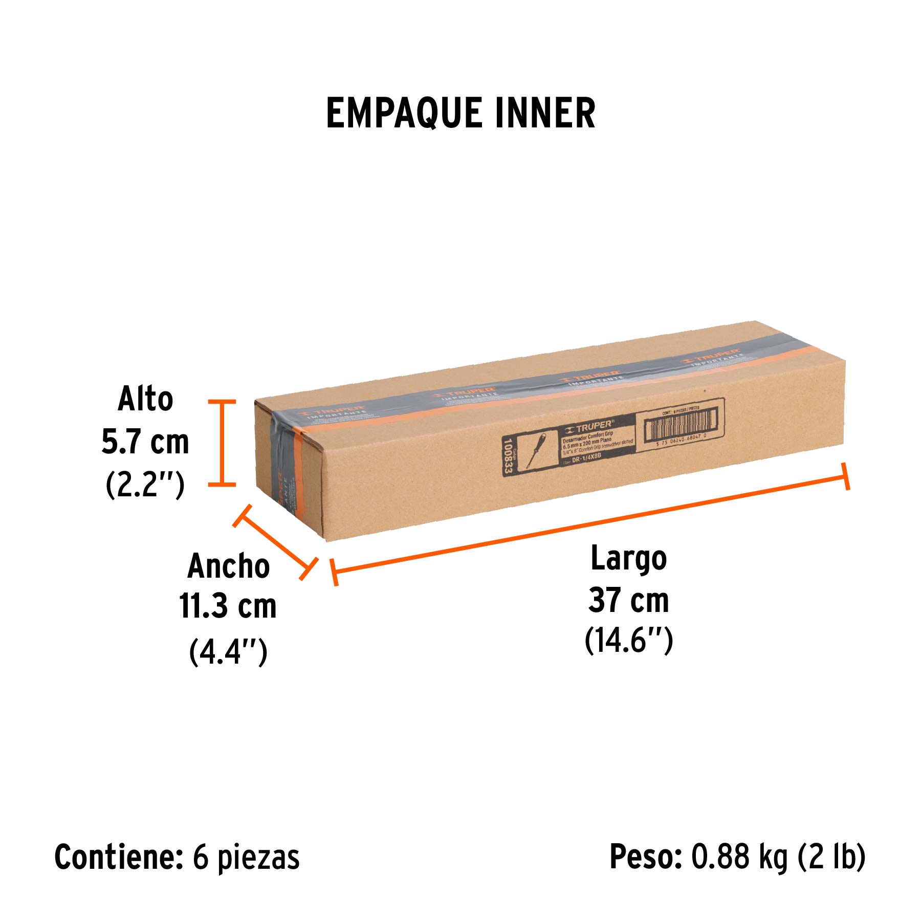 Desarmador plano 1/4" x 8" mango Comfort Grip, TRUPER - Empaque