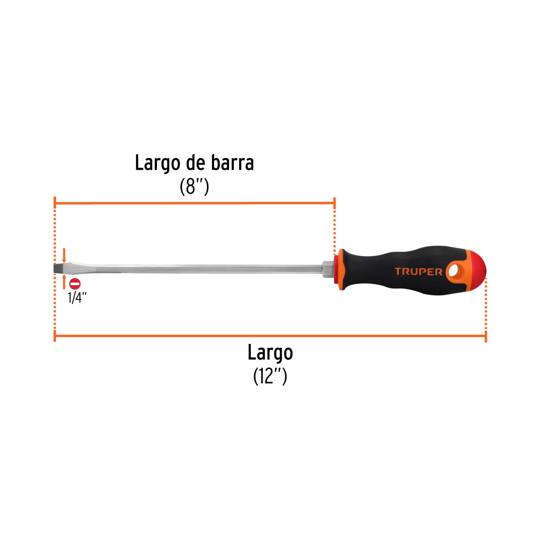 Desarmador plano 1/4" x 8" mango Comfort Grip, TRUPER