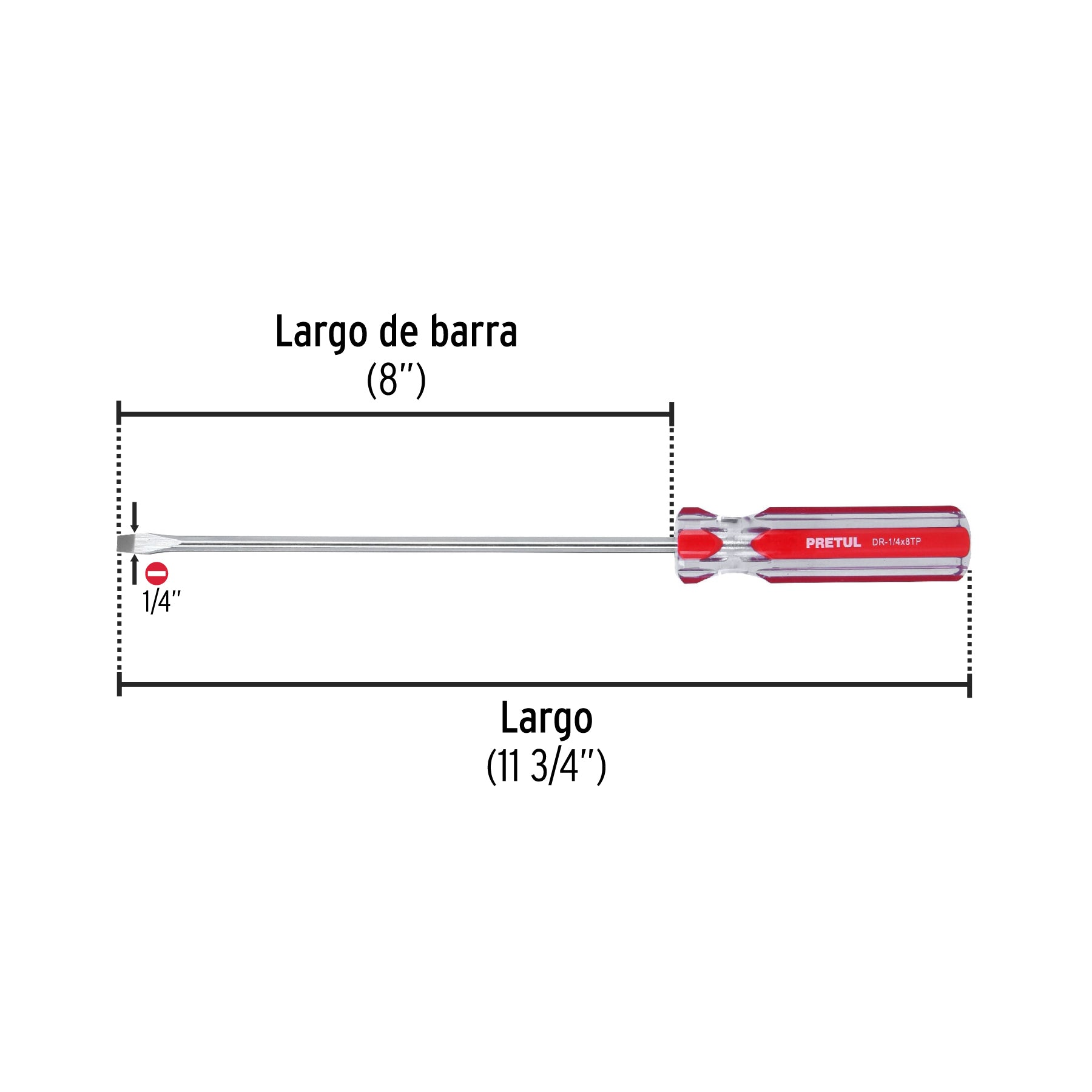 Desarmador plano 1/4 x 8" mango de PVC, PRETUL