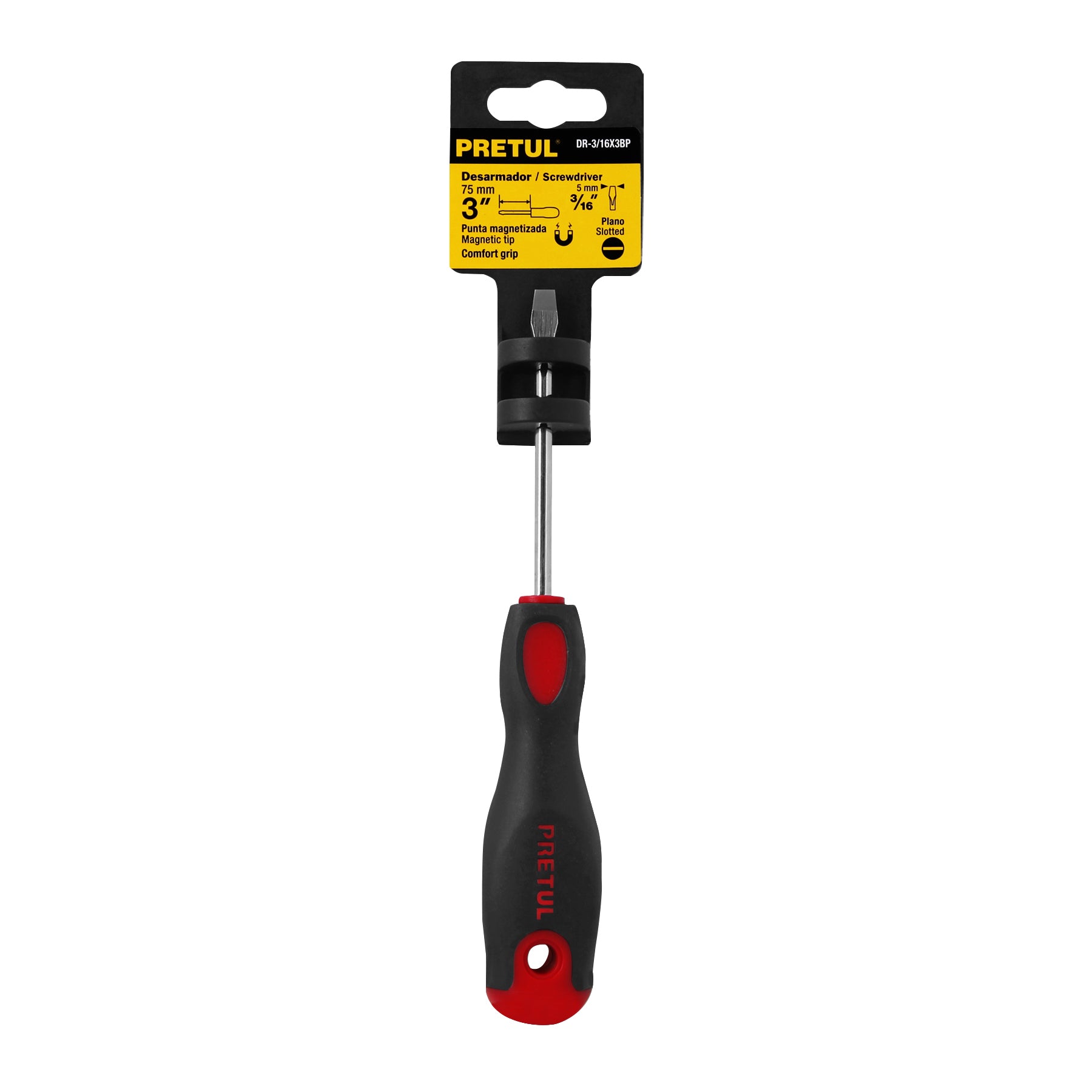 Desarmador plano 3/16 x 3" mango Comfort Grip, PRETUL