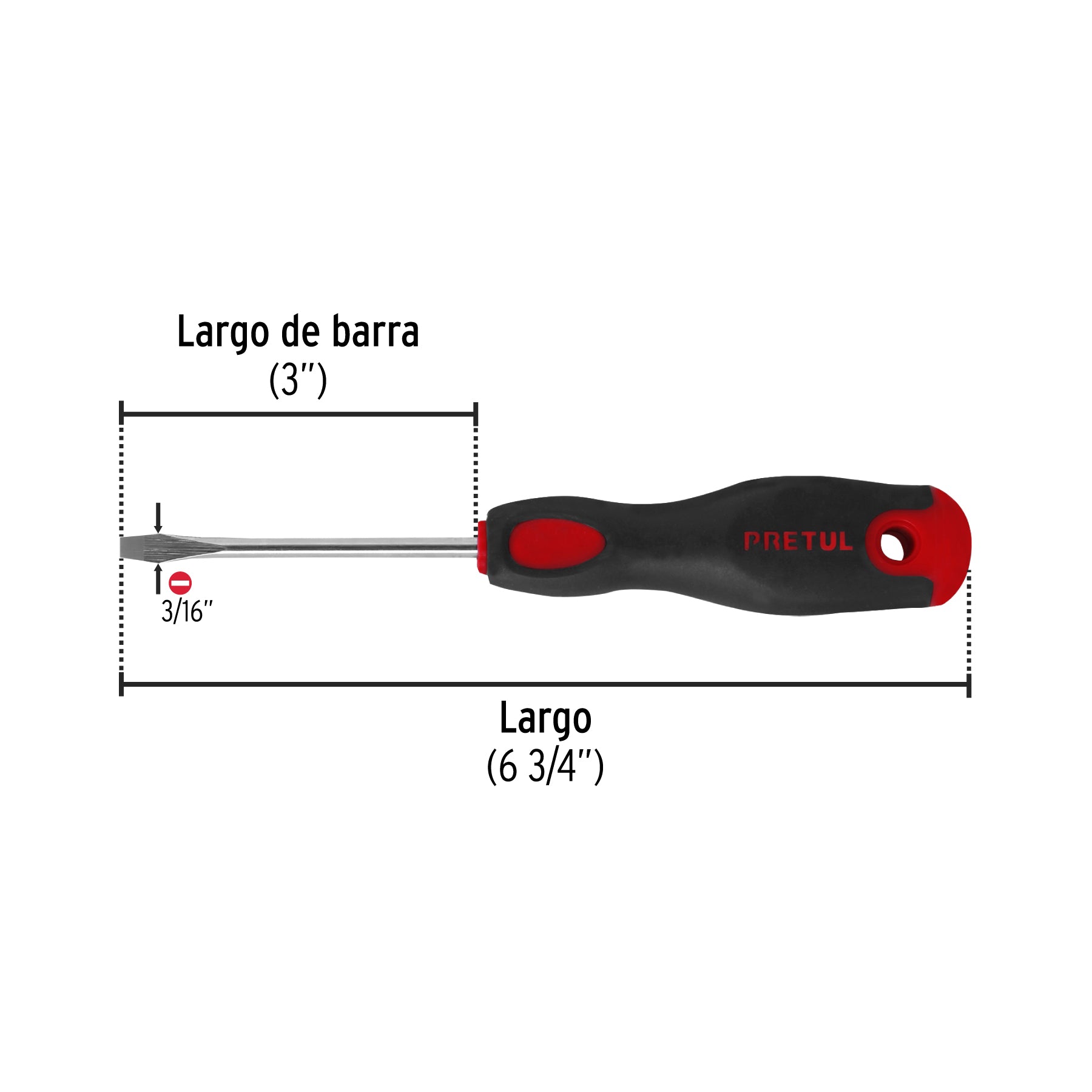 Desarmador plano 3/16 x 3" mango Comfort Grip, PRETUL