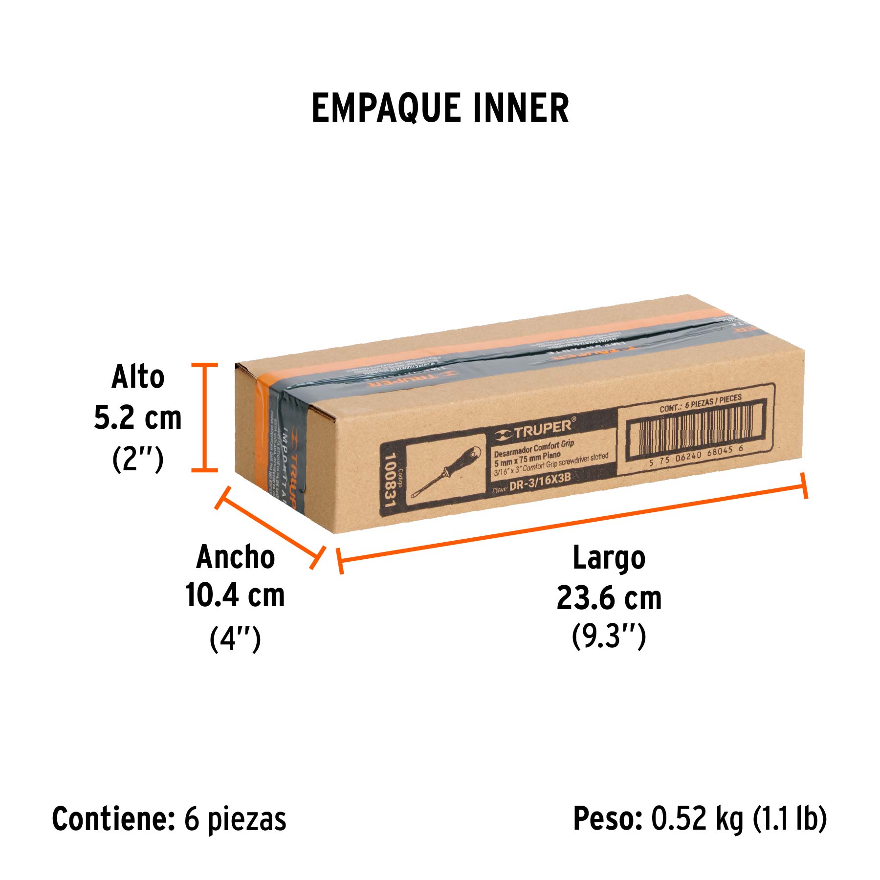 Desarmador plano 3/16" x 3" mango Comfort Grip, TRUPER - Empaque