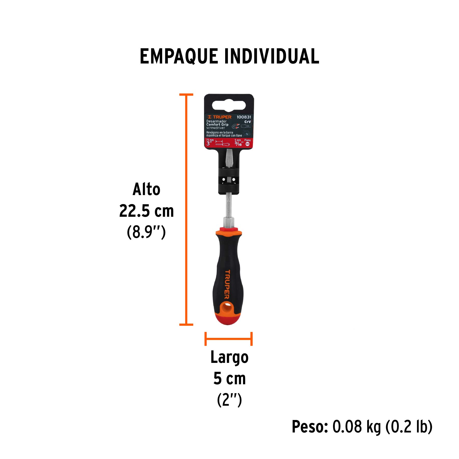 Desarmador plano 3/16" x 3" mango Comfort Grip, TRUPER - Empaque