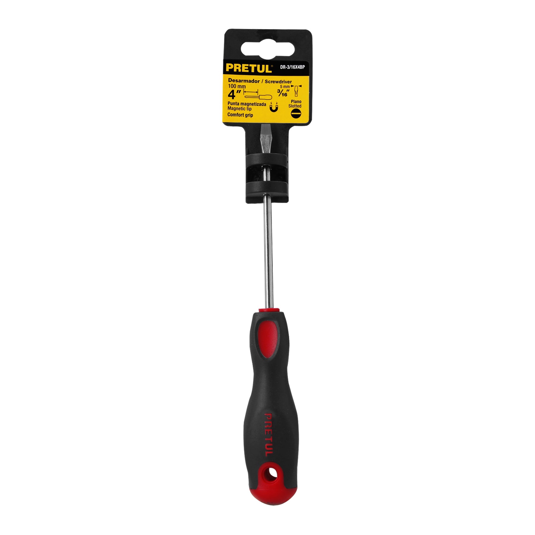 Desarmador plano 3/16 x 4" mango Comfort Grip, PRETUL