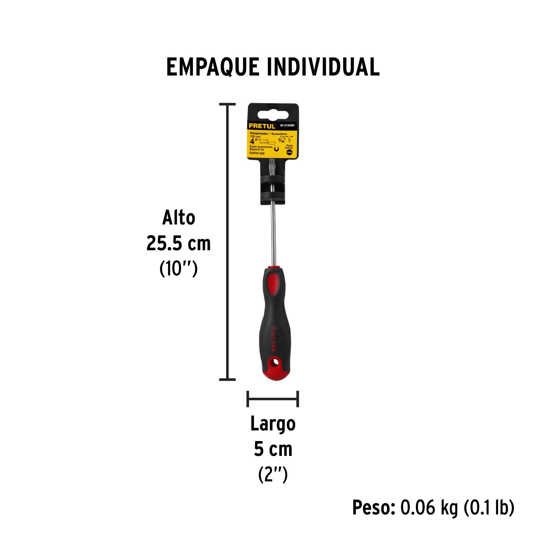 Desarmador plano 3/16 x 4" mango Comfort Grip, PRETUL - Empaque