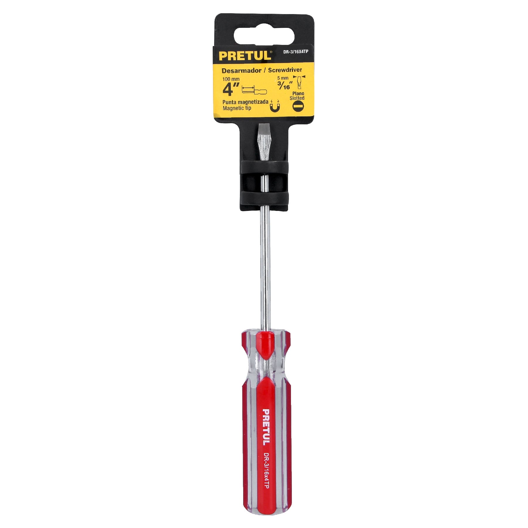 Desarmador plano 3/16 x 4" mango de PVC, PRETUL