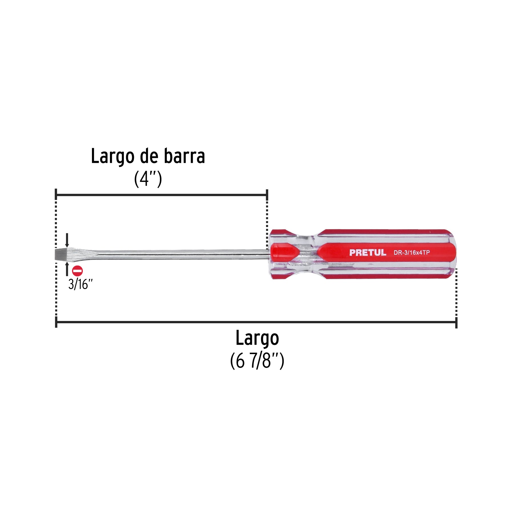 Desarmador plano 3/16 x 4" mango de PVC, PRETUL