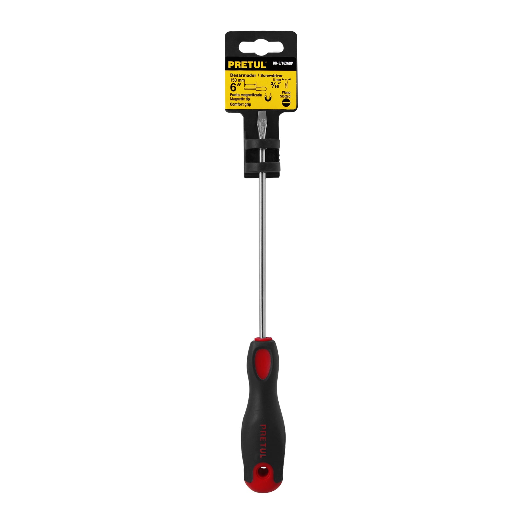 Desarmador plano 3/16 x 6" mango Comfort Grip, PRETUL