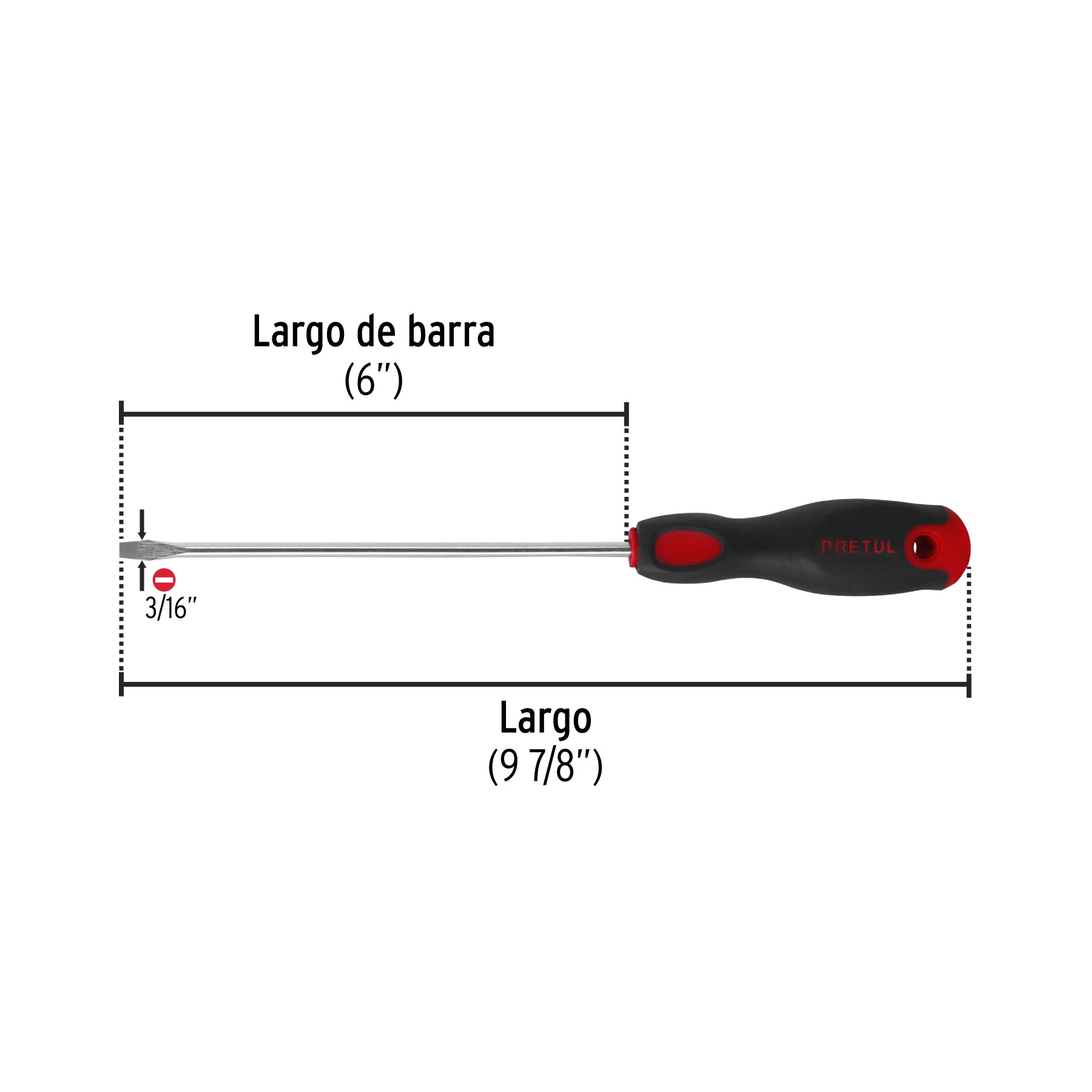 Desarmador plano 3/16 x 6" mango Comfort Grip, PRETUL