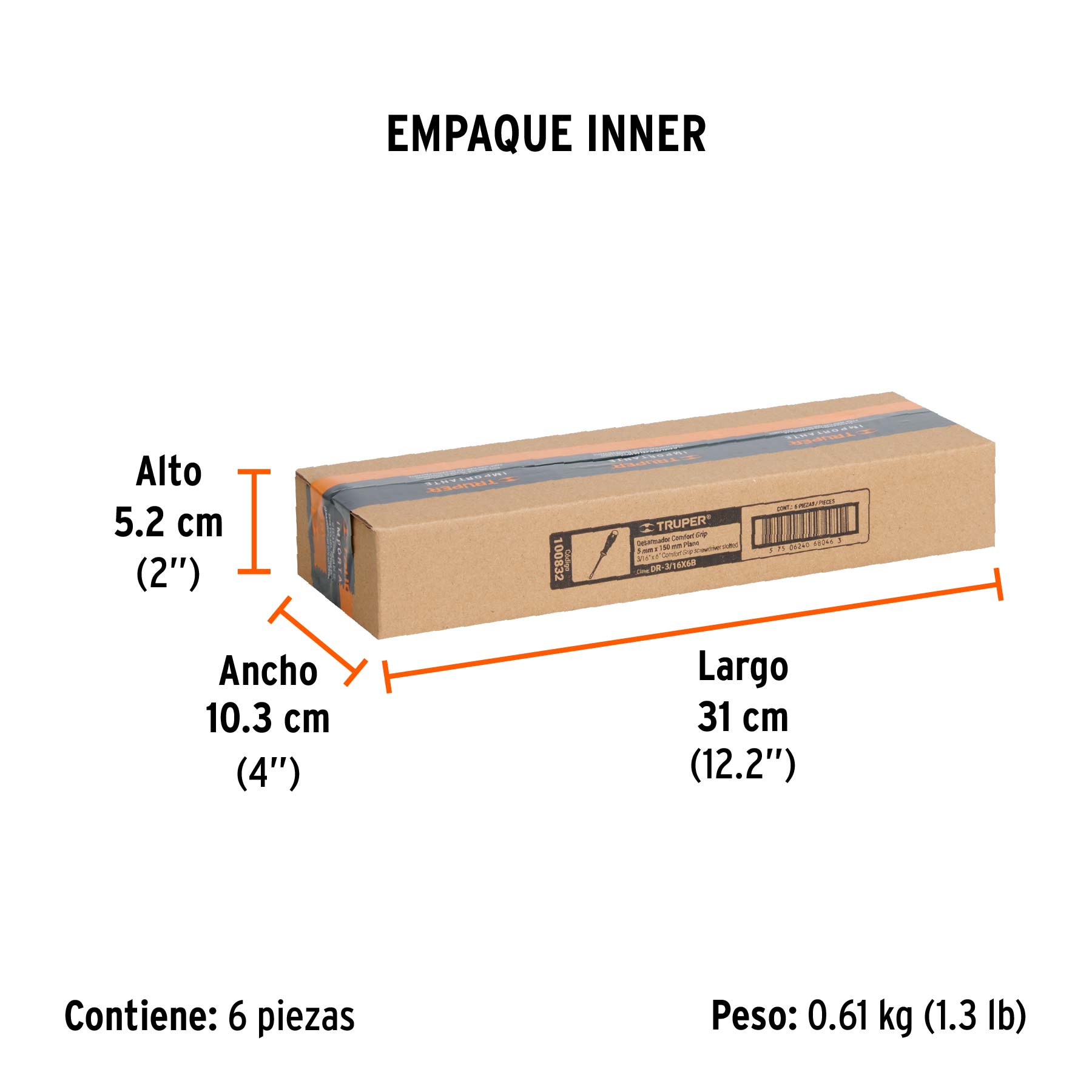 Desarmador plano 3/16" x 6" mango Comfort Grip, TRUPER - Empaque