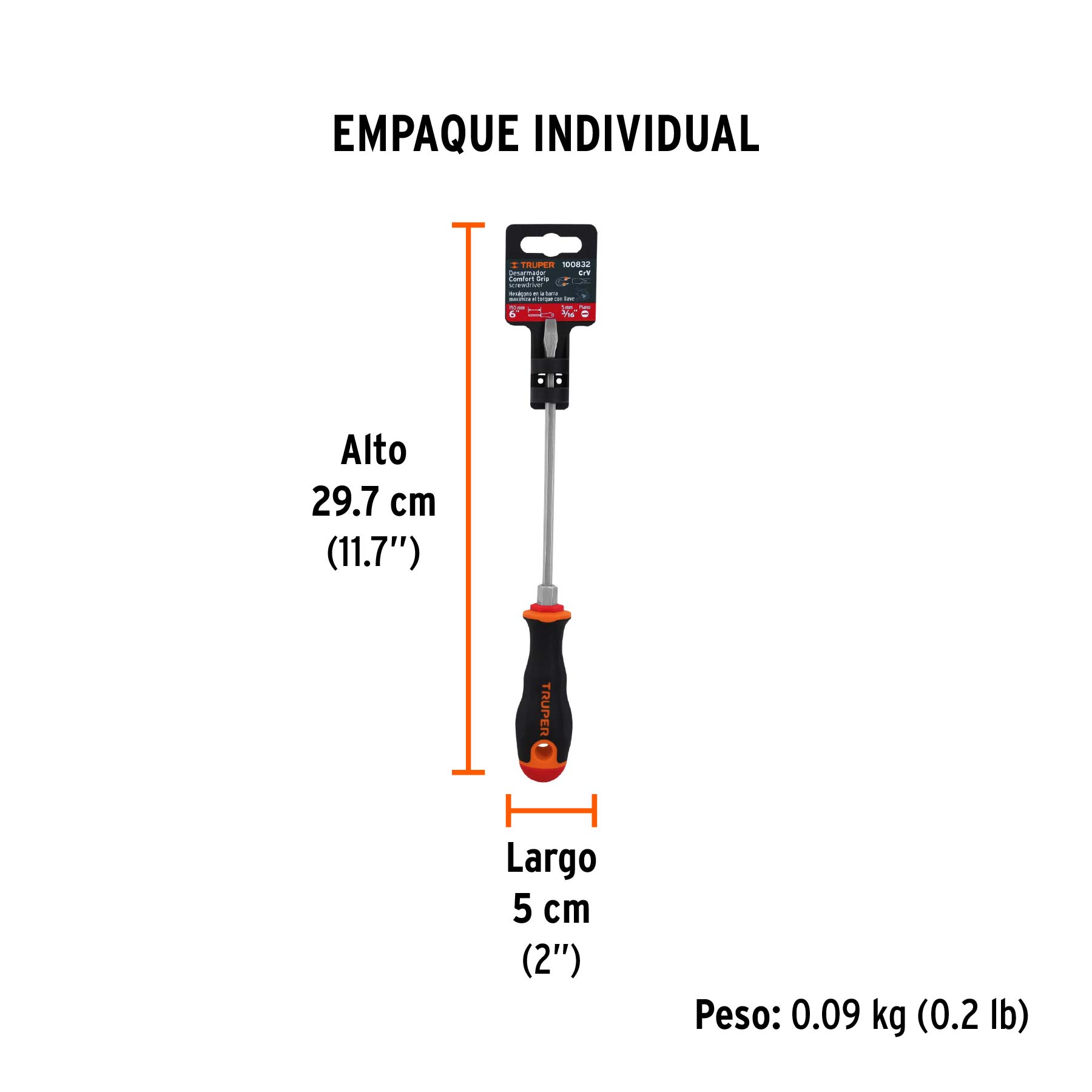 Desarmador plano 3/16" x 6" mango Comfort Grip, TRUPER - Empaque