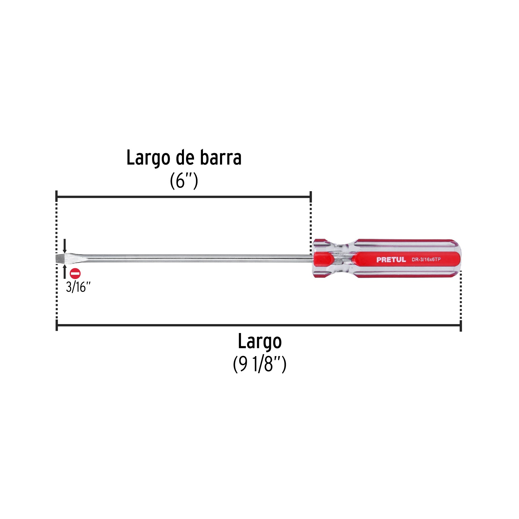 Desarmador plano 3/16 x 6" mango de PVC, PRETUL