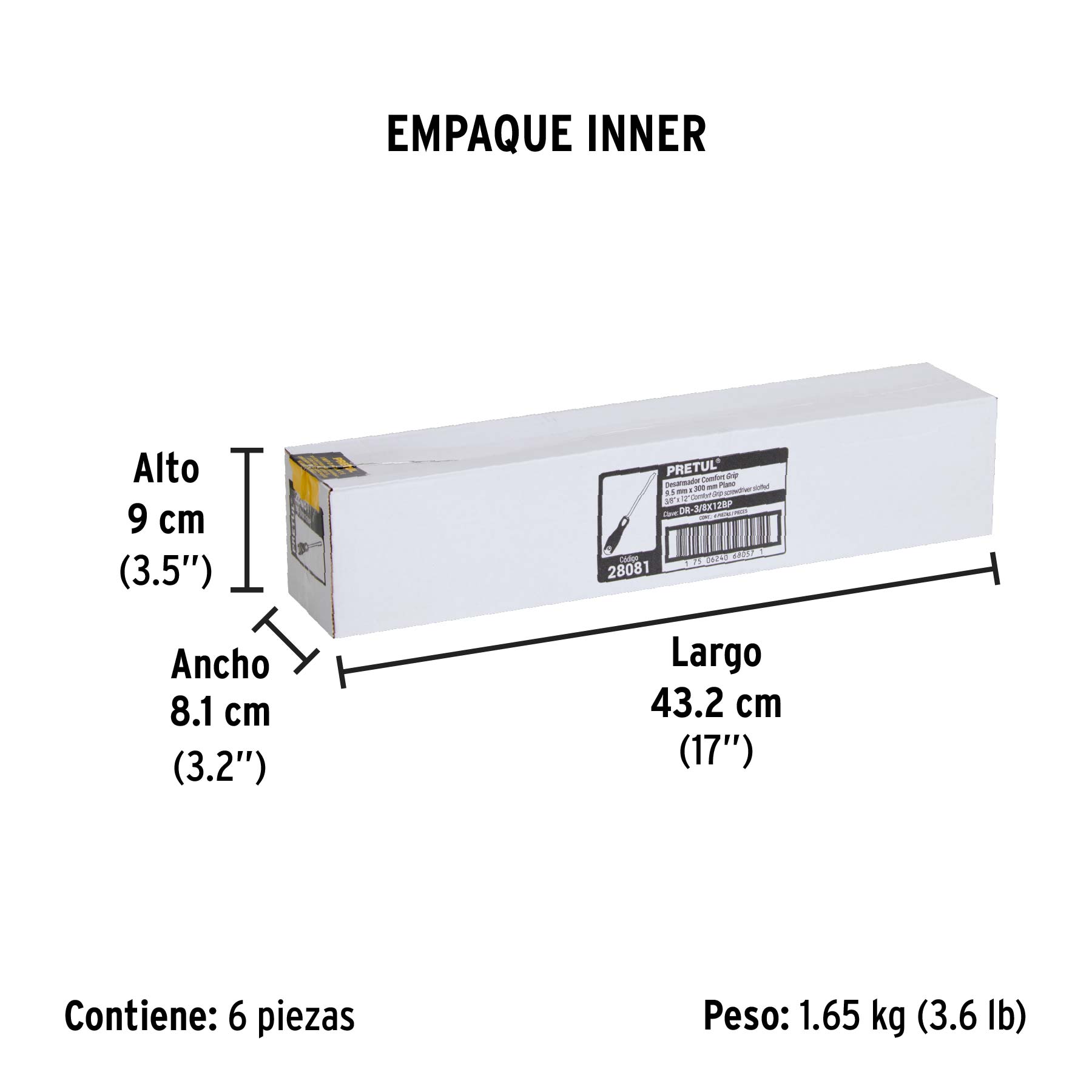 Desarmador plano 3/8" x 12" mango Comfort Grip, PRETUL - Empaque