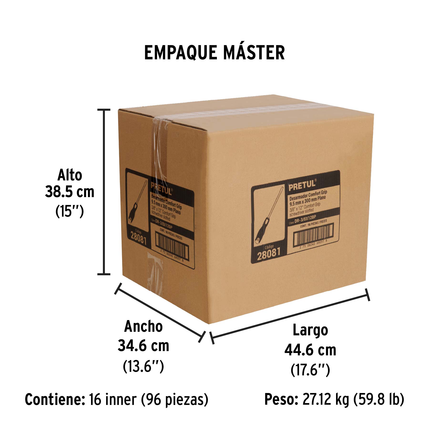 Desarmador plano 3/8" x 12" mango Comfort Grip, PRETUL - Empaque